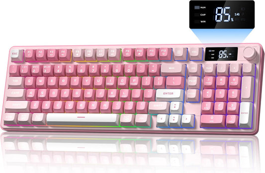 Keymatic Gaming Keyboard Wireless Creamy Keyboard with Media Knob & Screen Cute Keyboard Mechanical Feeling Membrane Keyboard with Number Pad RGB Backlit Tri-Mode BT/2.4GHz/USB-C - Pink