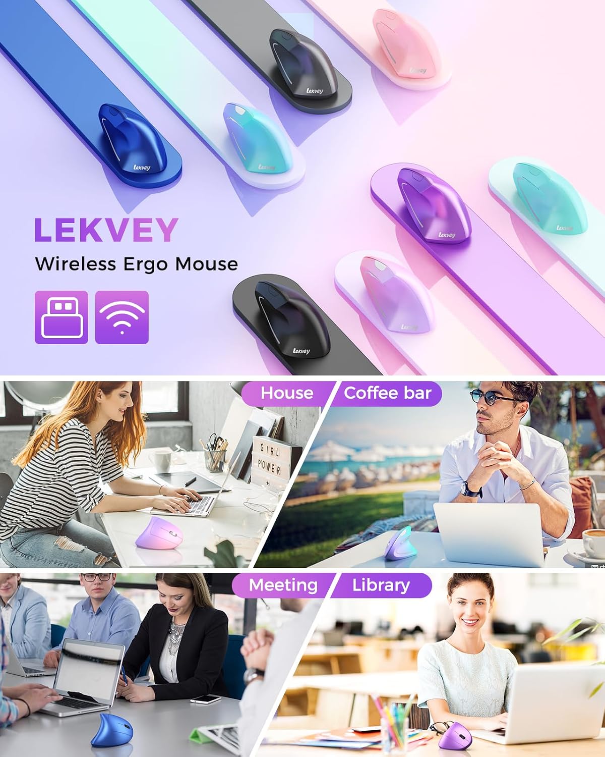 Lekvey Ergonomic Mouse, Rechargeable Vertical Wireless Mouse, Purple | USB-C Charging, 2.4G USB Wireless, Plug & Play, 3 DPI (800/1200/1600), Quiet Clicks, Carpal Tunnel Mouse, for Laptop, PC, Mac