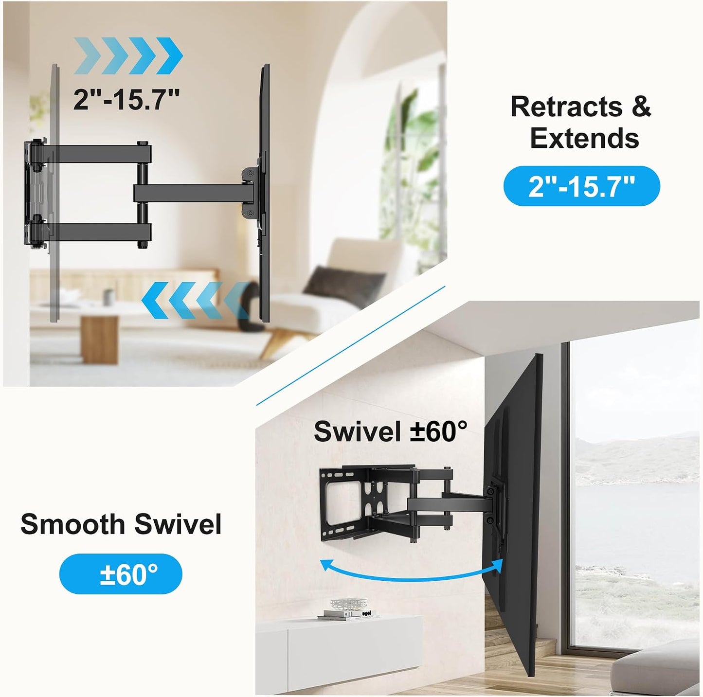 XINLEI Full Motion TV Wall Mount for Most 26"-70" Flat/Curved TV, Swivel Tilt Bracket with Articulating Dual Arms, Support 100lbs, Max VESA 400x400mm, Fits 12”/16" Wood Stud (MA570)