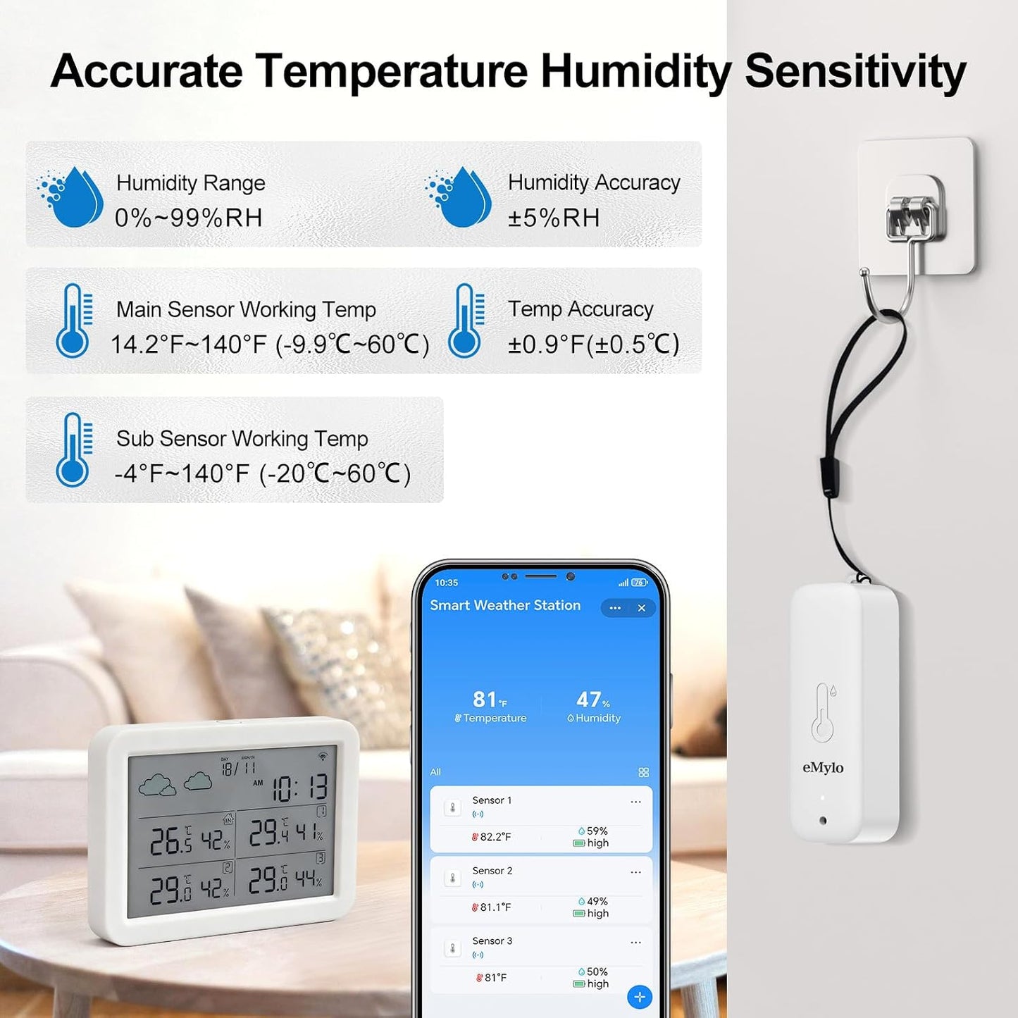 eMylo WiFi Hygrometer Thermometer 4 Pack with App Alert, Monitor 426Ft Rang | Wireless Indoor Outdoor Temperature Humidity Sensor, Works with Alexa &amp; Google Assistant,for Greenhouse Baby Room Wine Cellar