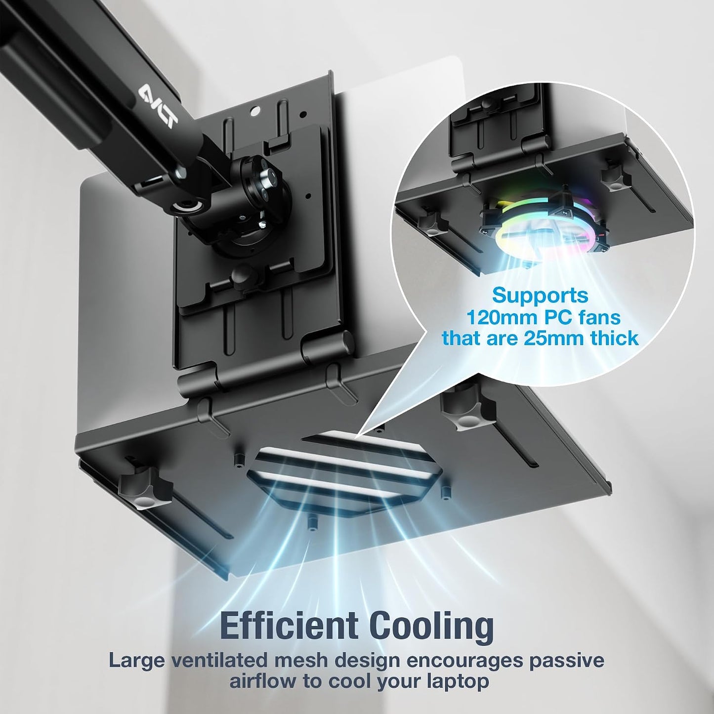 AVLT Adjustable Laptop Tray with Support for Fans Black (Fan Not Included) | Compatible with VESA 75x75 Monitor Arm - Suitable for Laptops Up to 17Inch - Weighs 4.41lbs for 120mm Fan