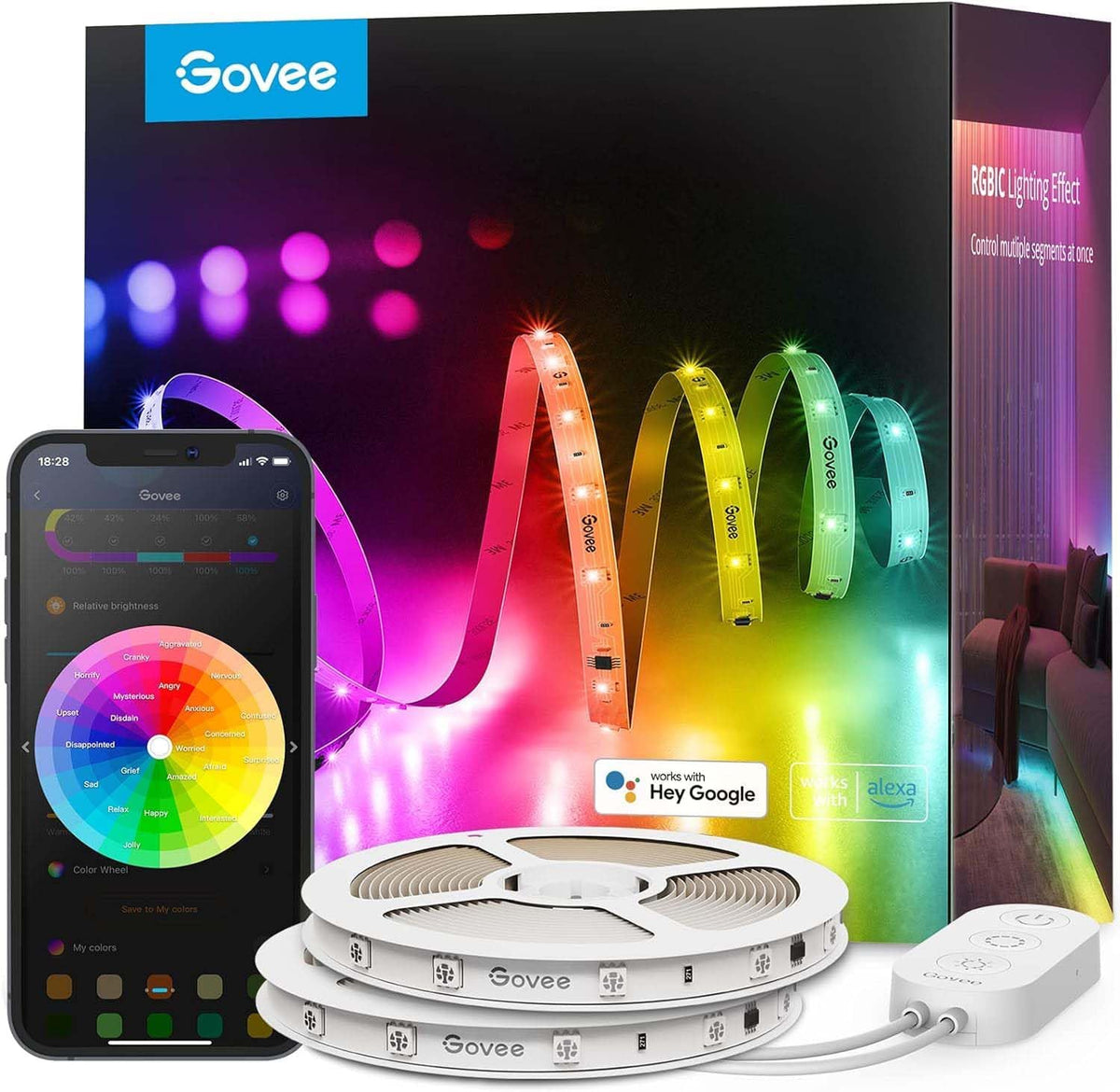 Govee 100ft RGBIC LED Strip Lights, Smart LED Lights Work with Alexa and Google Assistant, LED Lights for Bedroom WiFi App Control Segmented DIY Multiple Colors, Color Changing Light, (2 x 50ft)