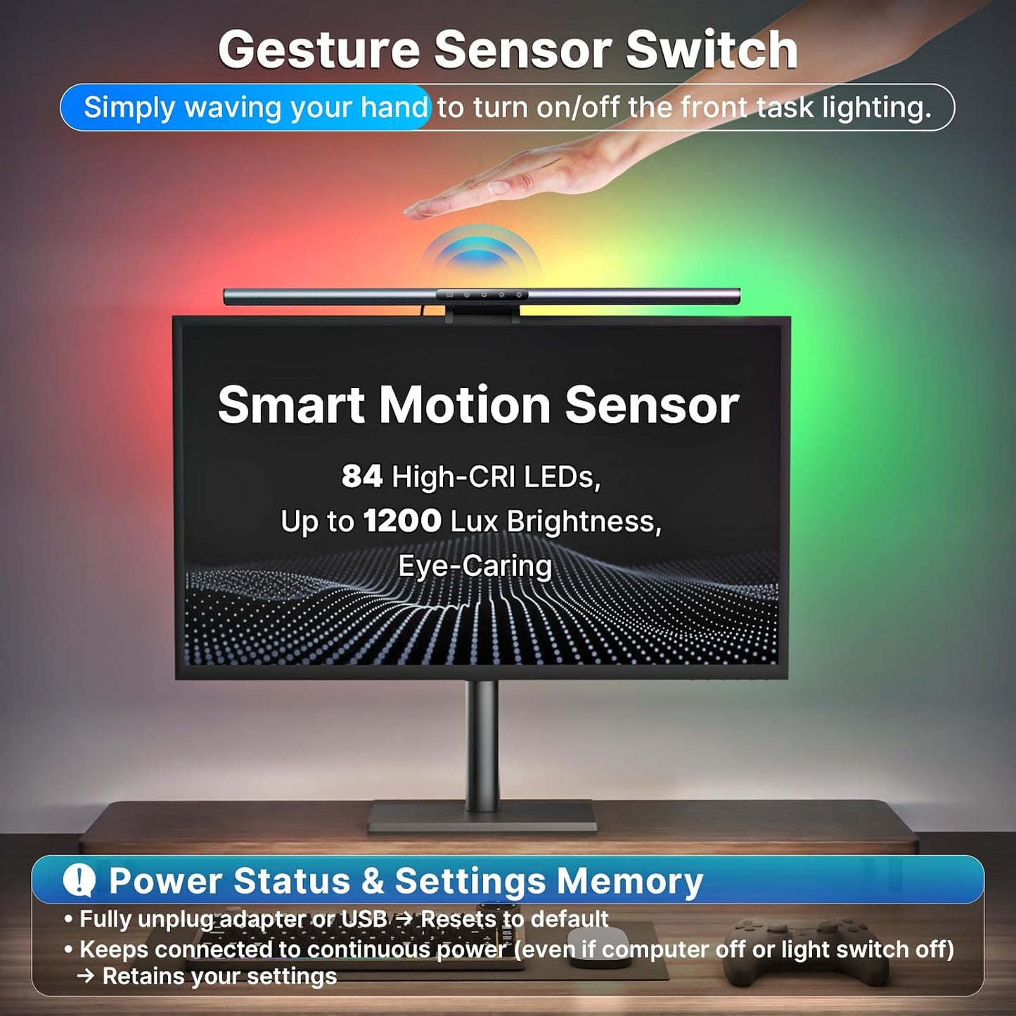 Syrinx Monitor Light Bar with Backlight, Gaming & Home Office Monitor Lamp | CRI95+, No Screen Glare Eye Care Light, 1200lm, Touch & Gesture Control, Stepless Dimming for Flat & Curved Monitors, Pro