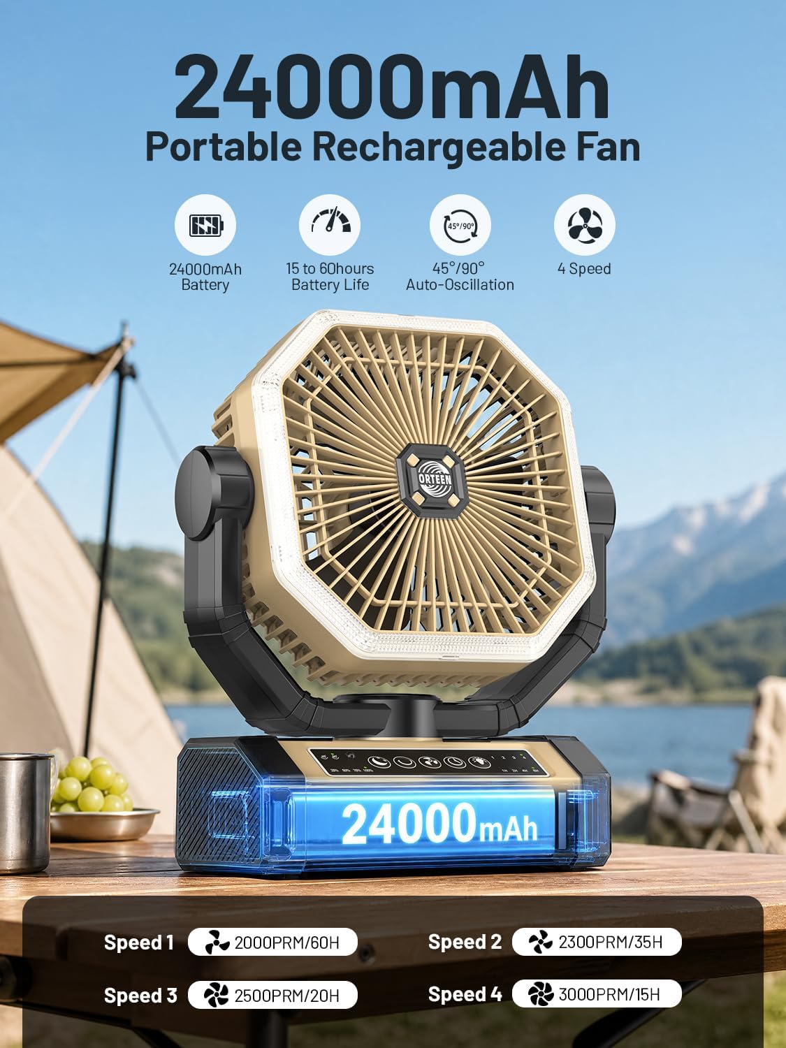 Orteen Camping Fan Rechargeable - 9-Inch Battery Powered Fan, 24000mAh(60Hrs) Battery Operated for Camping, Auto Oscillation Cordless, Tent Fan with Remote/Light, 4 Speeds, 4 Timing, Outdoor