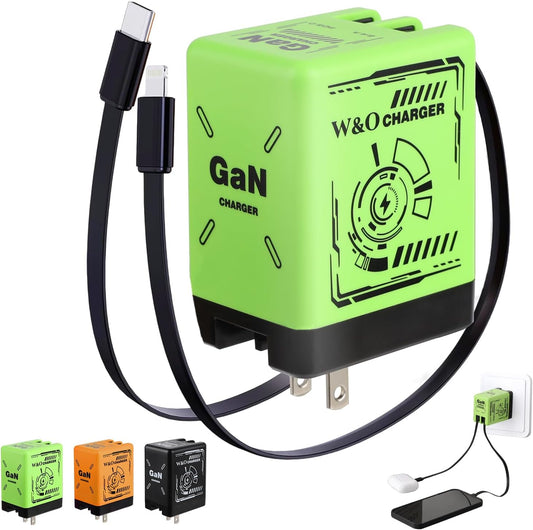 2-in-1 GaN Charger Fast Charging, with Lightning and Type-C Cables, Green | Retractable Phone Chargers, Foldable fast charger Compatible with iPhone&Most Android