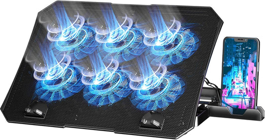 AICHESON Laptop Cooling Pad for 12-15.6 Inch, 6 Cooler Fans, Blue Lights | Laptop Cooling Stand with 2 USB Ports, Adjustable Heights Base