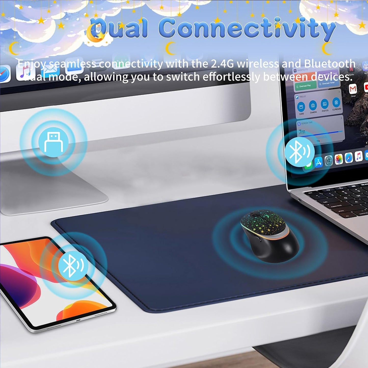 elec Space Bluetooth Wireless Mouse with Starry Sky RGB Backlight&amp; Gradient Breathing Light - Ergonomic Dual Mode Rechargeable Mouse, Type-C Charging - Perfect for Office, Gaming &amp; Travel (Balck)
