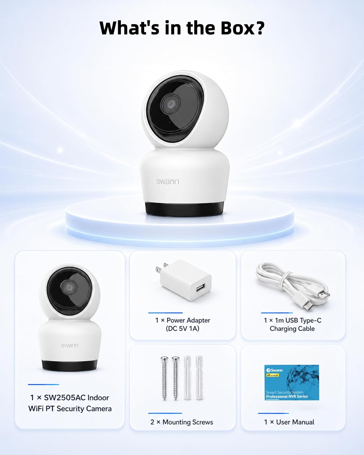 Swann 3K Indoor Pan Tilt WiFi Security Camera, 5MP Plug-in Home PT Camera with Night Vision, Two-Way Audio, Human Motion Detection, Work Security APP（2 Packs