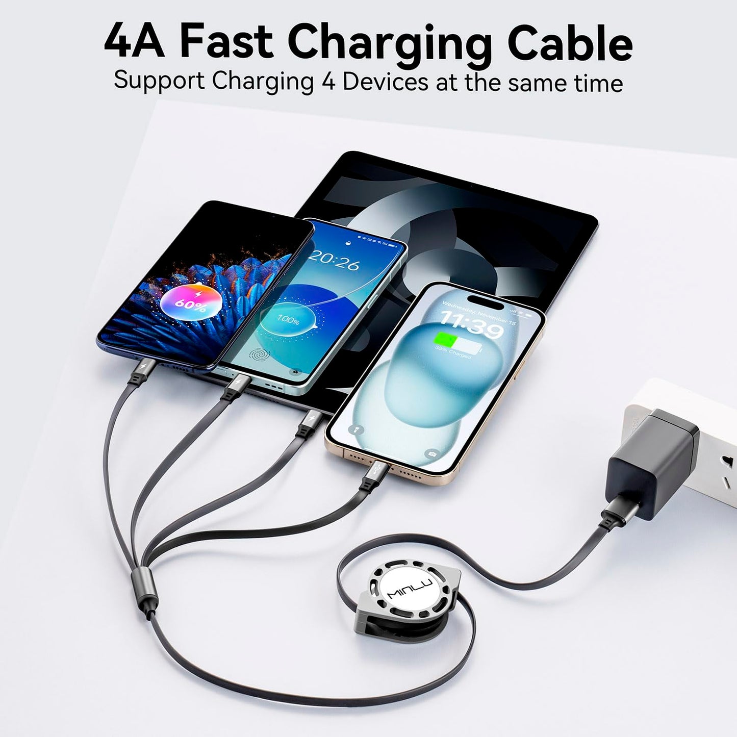 Multi USB Charger Cable 4A, Retractable Charging Cord for Multiple Devices | 4 in 1 Retractable Charger Cord with Type C/L/Micro USB Ports for iPhone 17 16 15 14/Samsung/Kindle Car Accessories-2Pack 4Ft