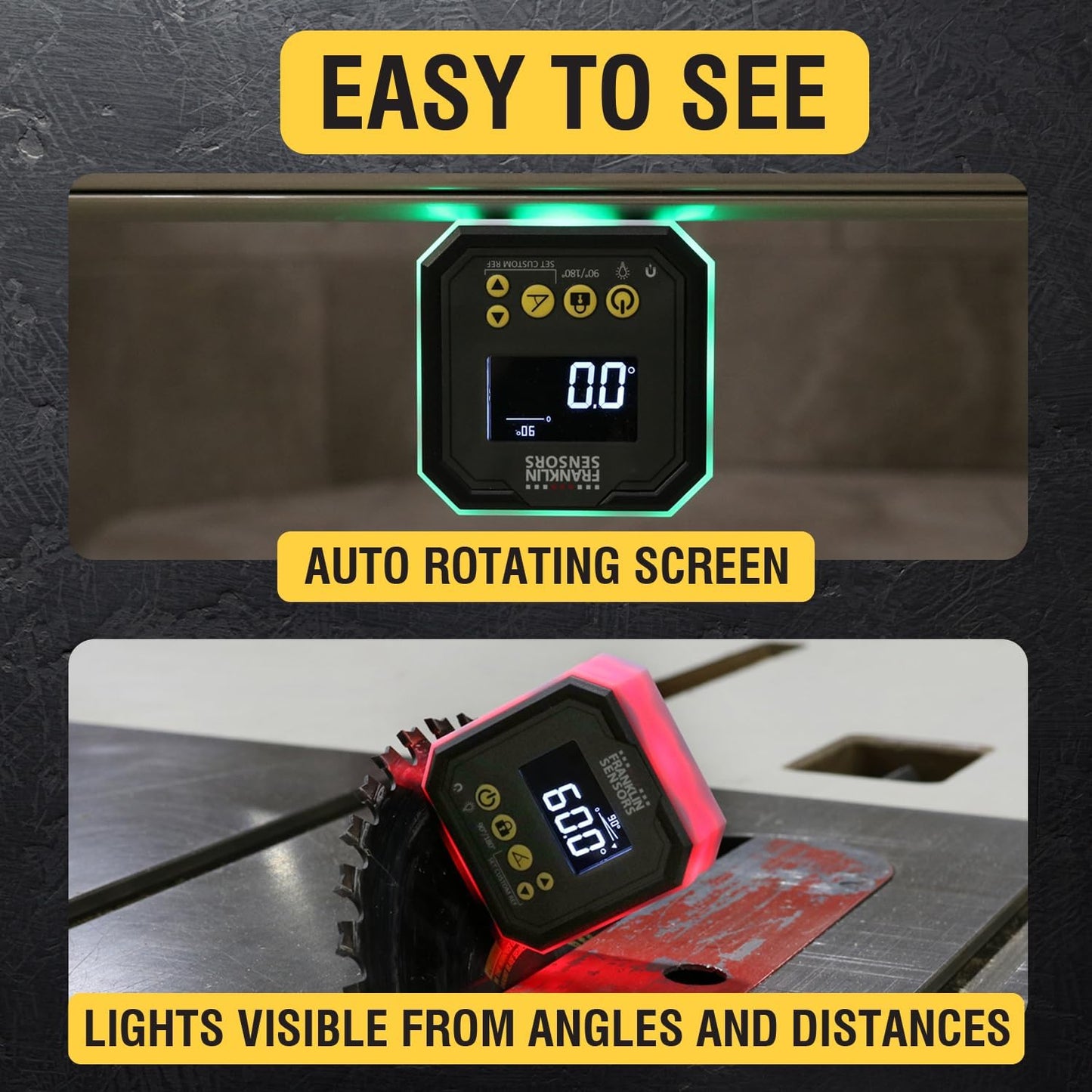 Franklin Sensors Light Cube, Digital Angle Gauge and Magnetic Level Tool | Turns Green When Level and Blue at Custom Reference Angles, Finds and Measures at 0 – 90 and 0 – 180 Degrees, Small Level