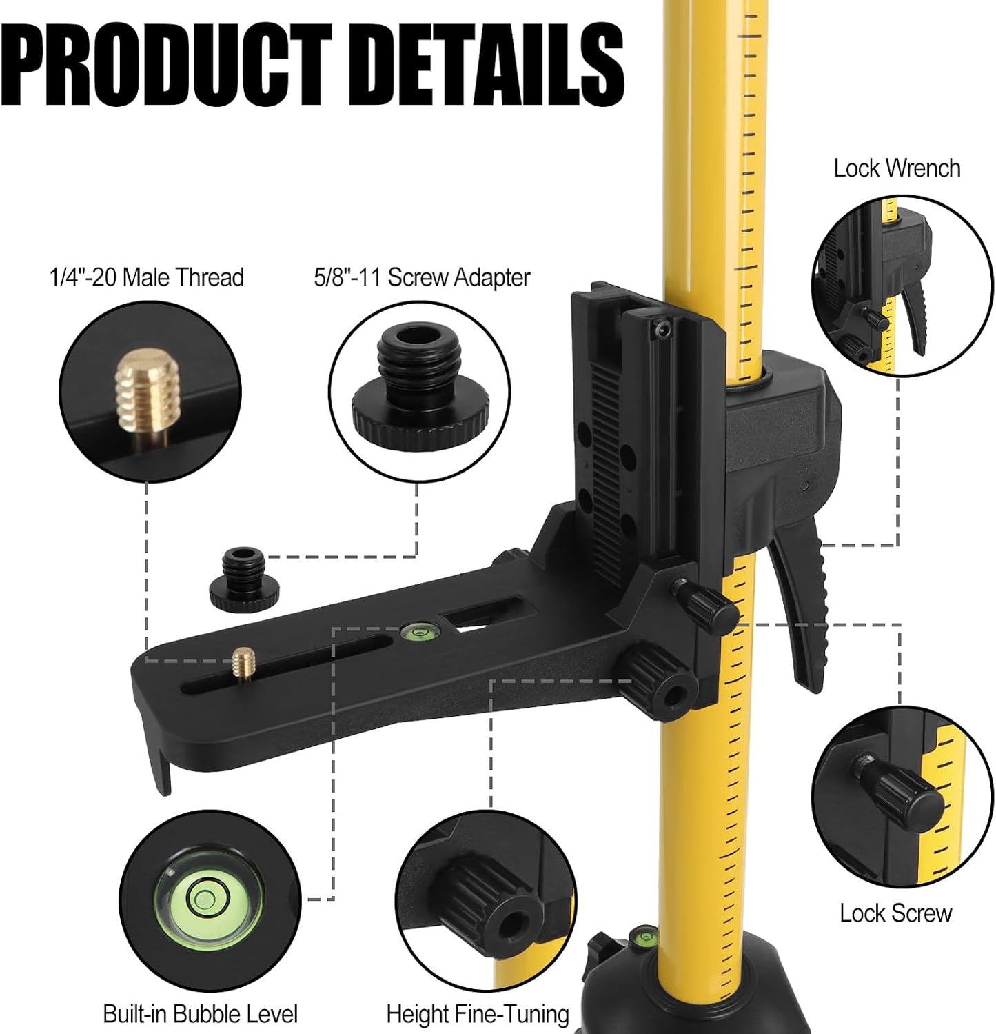 Telescoping Laser Level Pole with Tripod, 12Ft./3.7M Laser Level Tripod | Include 1/4-Inch by 20-Inch Mount for Rotary and Line Laser Level, Laser Stand with 5/8"-11 Threaded Adapter