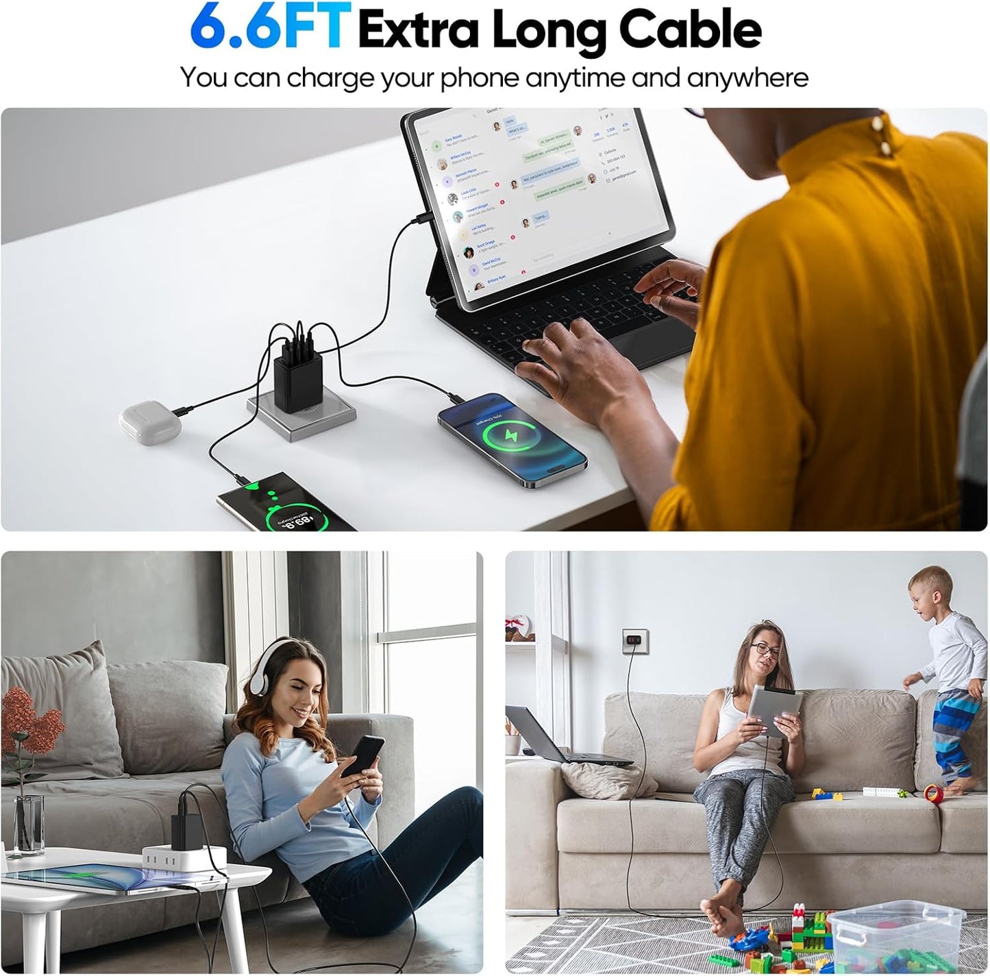 2 Pack USB C Charger Block 60W, 4-Port GaN5 Super Fast Phone Charger, Type C Charging Block PD 20W & QC 20W with 6.6FT USB C Cables for iPhone 17 Air/17/16/15 Pro Max Samsung Galaxy S24