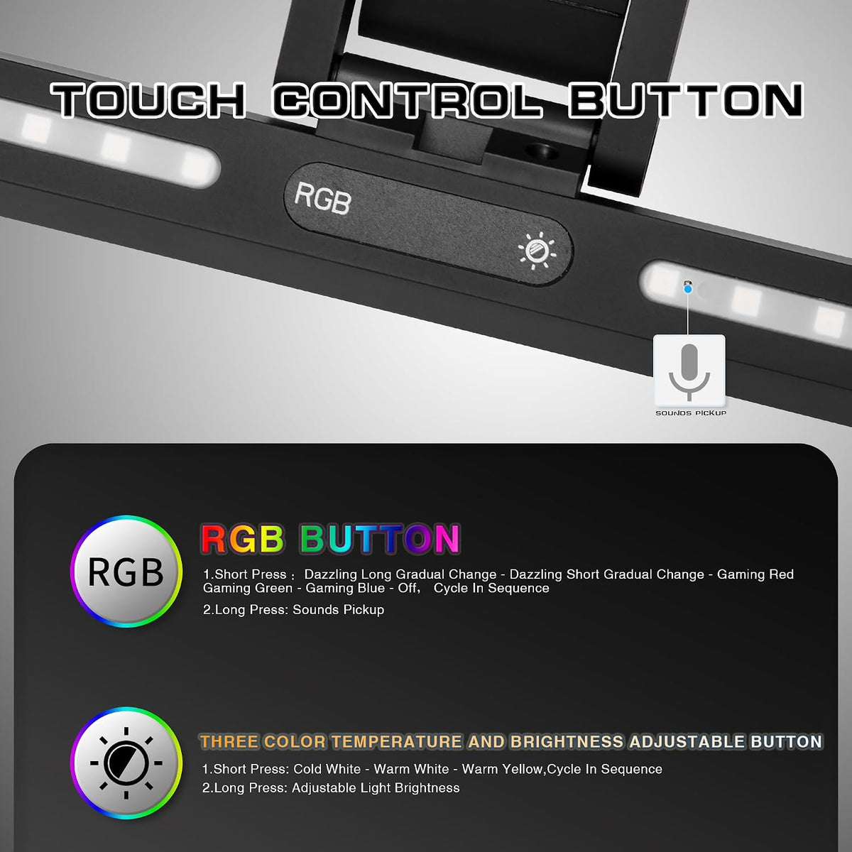 Monitor Light Bar with RGB Backlight, 3 Color Temperatures & Stepless Dimming, Music Sync LED Screenbar with Touch Control Button for Over Computer Screen Office