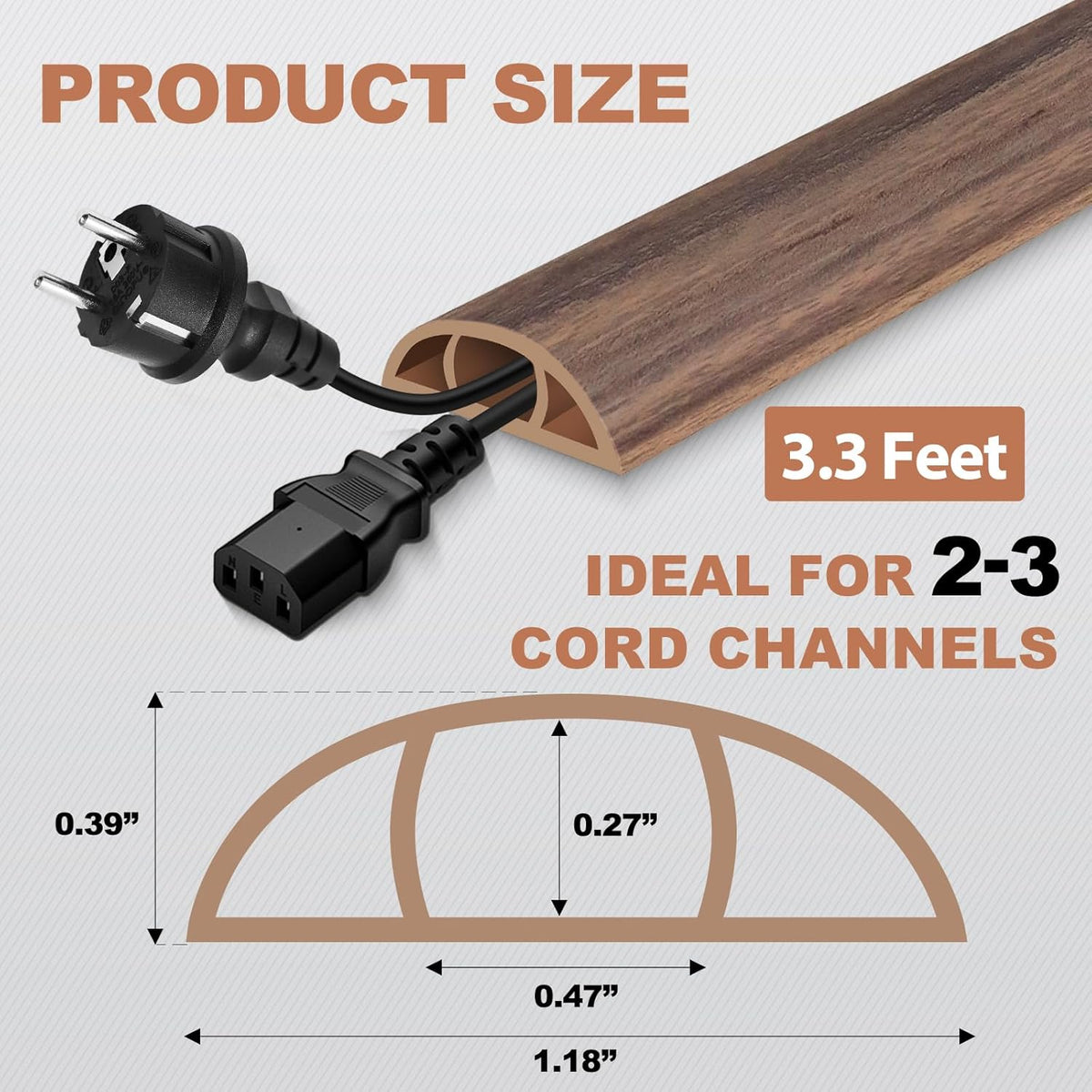 Floor Cord Cover for Wires on Floor Self Adhesive Cord Hider | Floor Cable Cover Floor Wire Covers for Cords Prevent Cable Trips, Cord Cavity W 0.47" x H 0.27", Misty Brown Wood, 3.3Ft