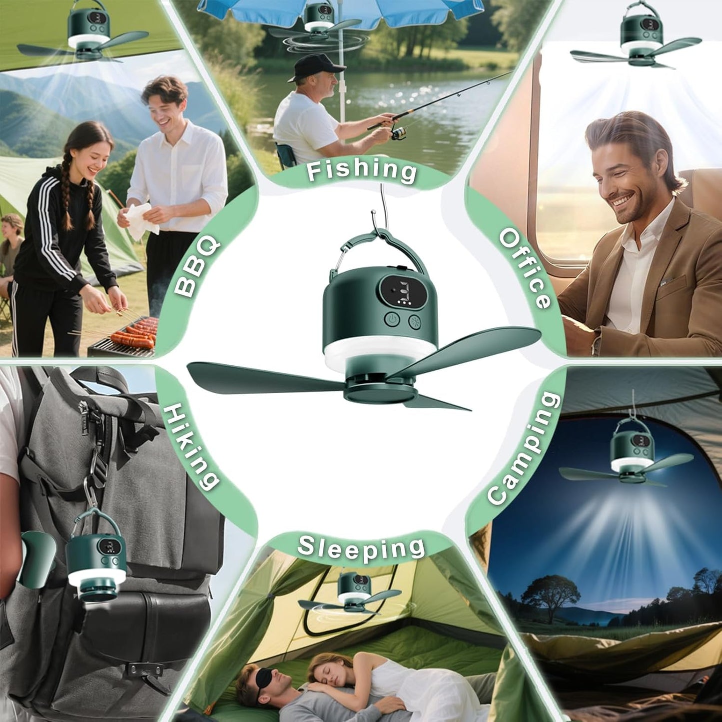 11" Tent Fan with Light & Remote, Camping Ceiling Fan with 10040mAh Rechargeable Battery, Portable Hanging Fan for Tent, RV, Canopy, Outdoor Camping (Green, Centimeters, 28.9)