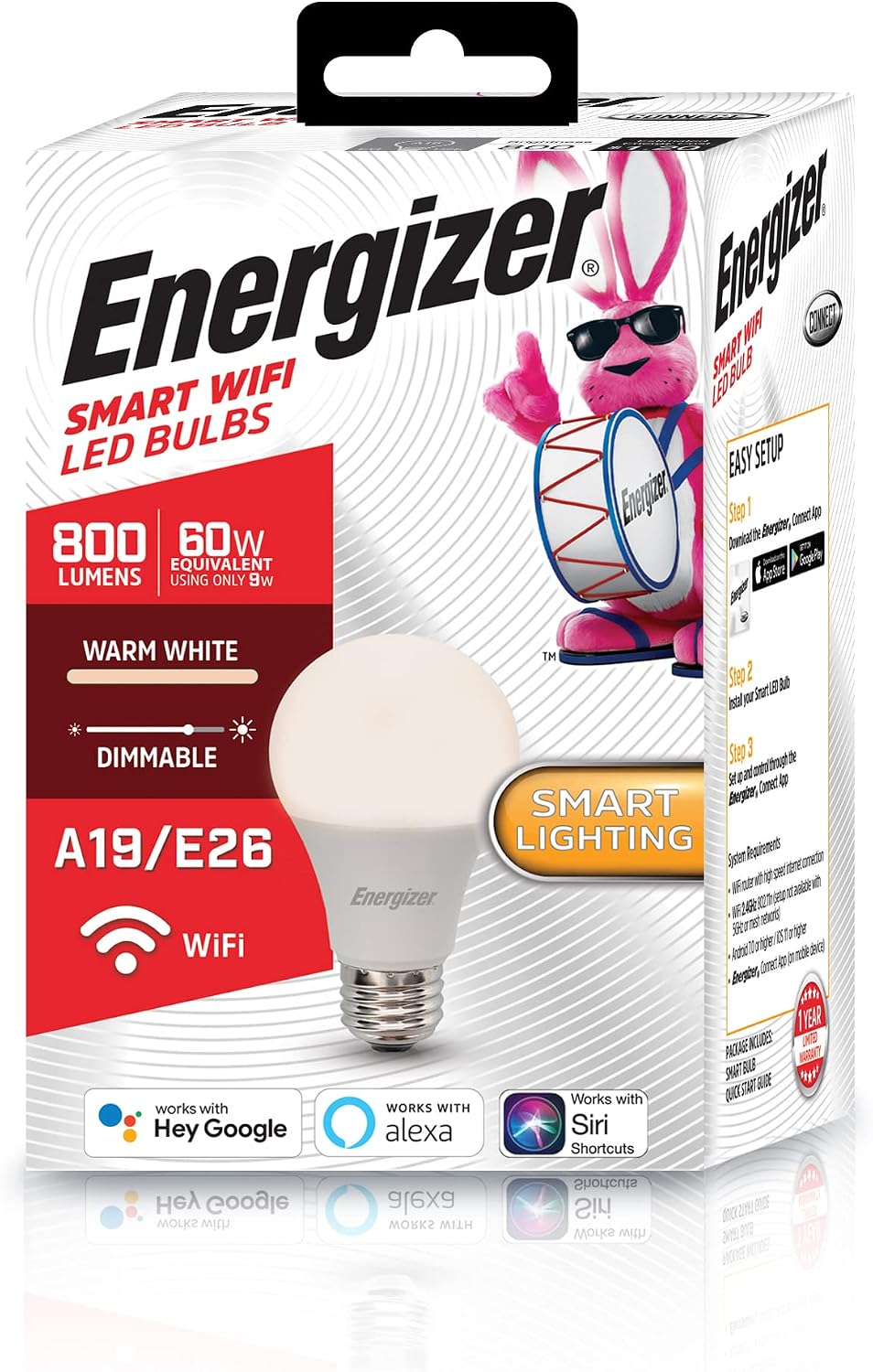 XTREME Energizer Smart Wi-Fi LED Light Bulb, Warm White, 60W, 800 Lumens, Compatible with Alexa, Google Assistant and Siri, Control from Anywhere with App, Custom Schedules, 2-Pack
