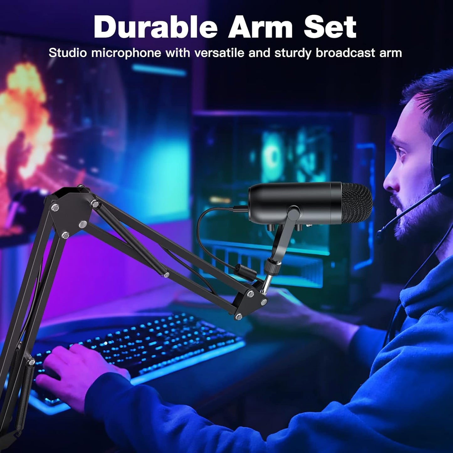 ZealSound Podcast Microphone with Boom Arm, USB Mic with Noise Reduction, Mute, Echo & Volume Control, Zero-Latency Monitoring, Compatible with PC Mac iPhone & Android, for Podcasting Gaming YouTube