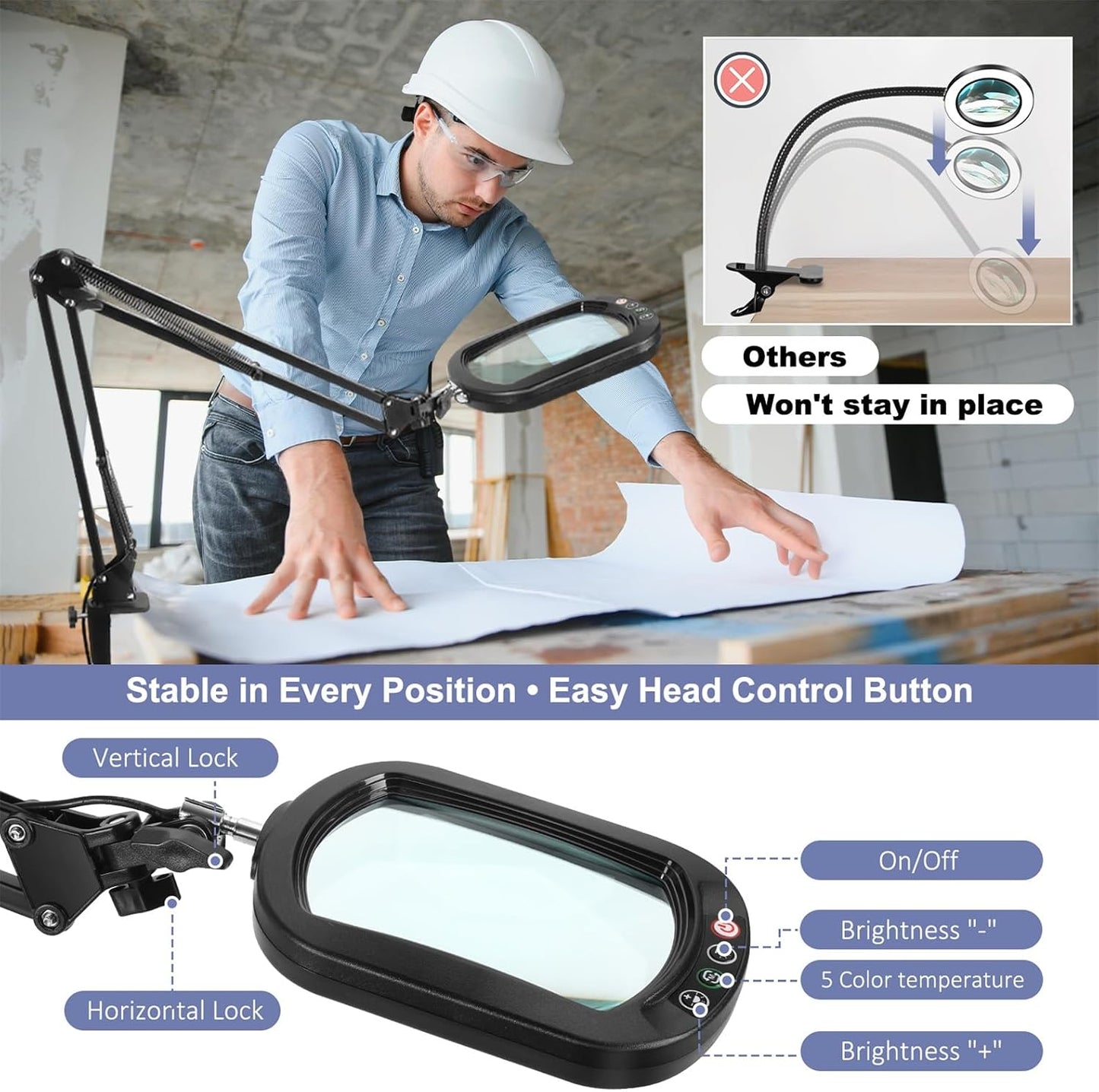10X Large Magnifying Glass with Light and Clamp, Real Glass, 5 Color Modes, Stepless Dimmable, Lighted Magnifier with Stand Hands Free, LED Swing Arm Desk Lamp for Close Work, Craft, Reading, Painting