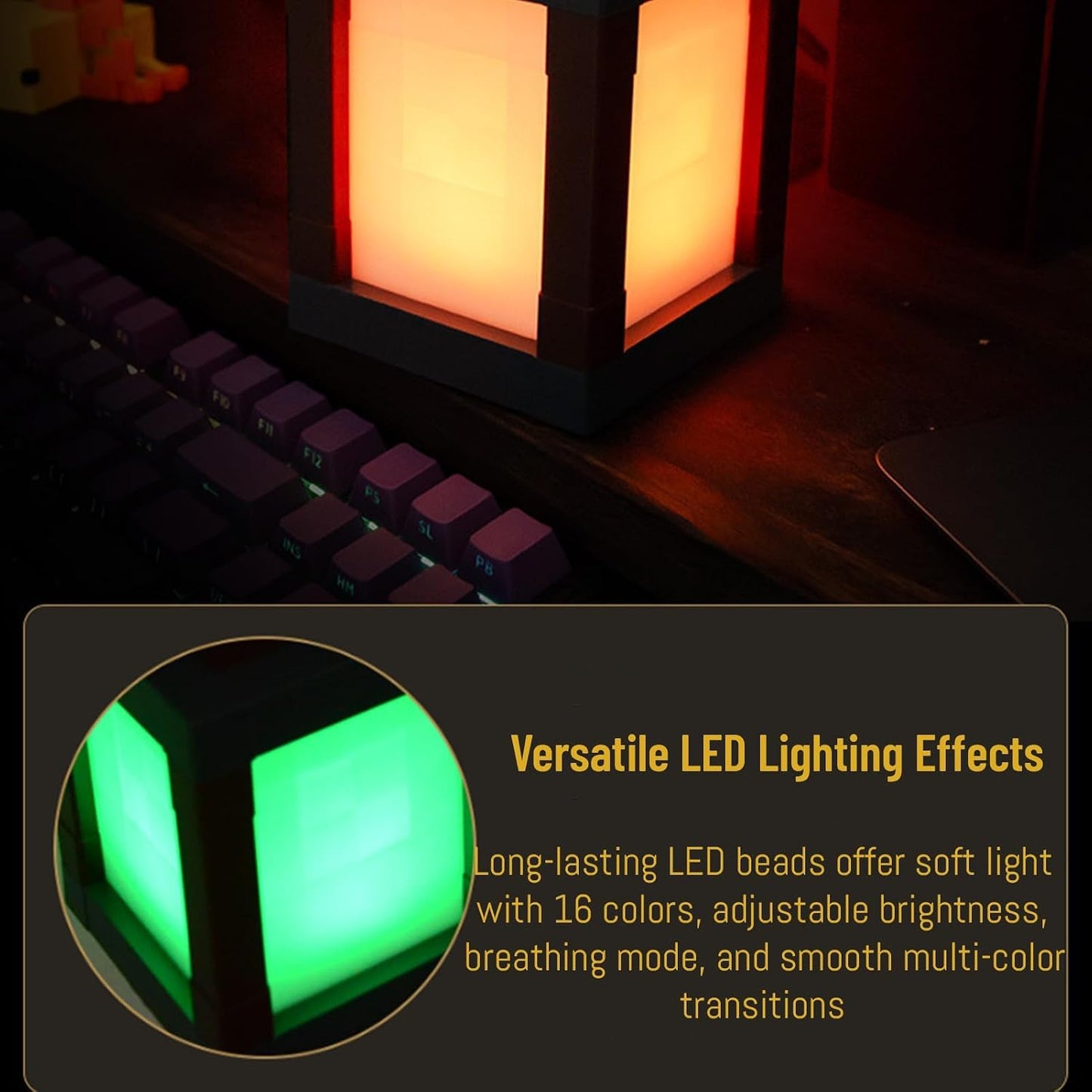 Pixel Lantern Night Light - 16 Color Changing LED Mood Light with Remote Control, Desk & Wall Mountable, Dimmable Timer for Bedroom, Nursery, Gaming Room Decor Gift 1 Pcs