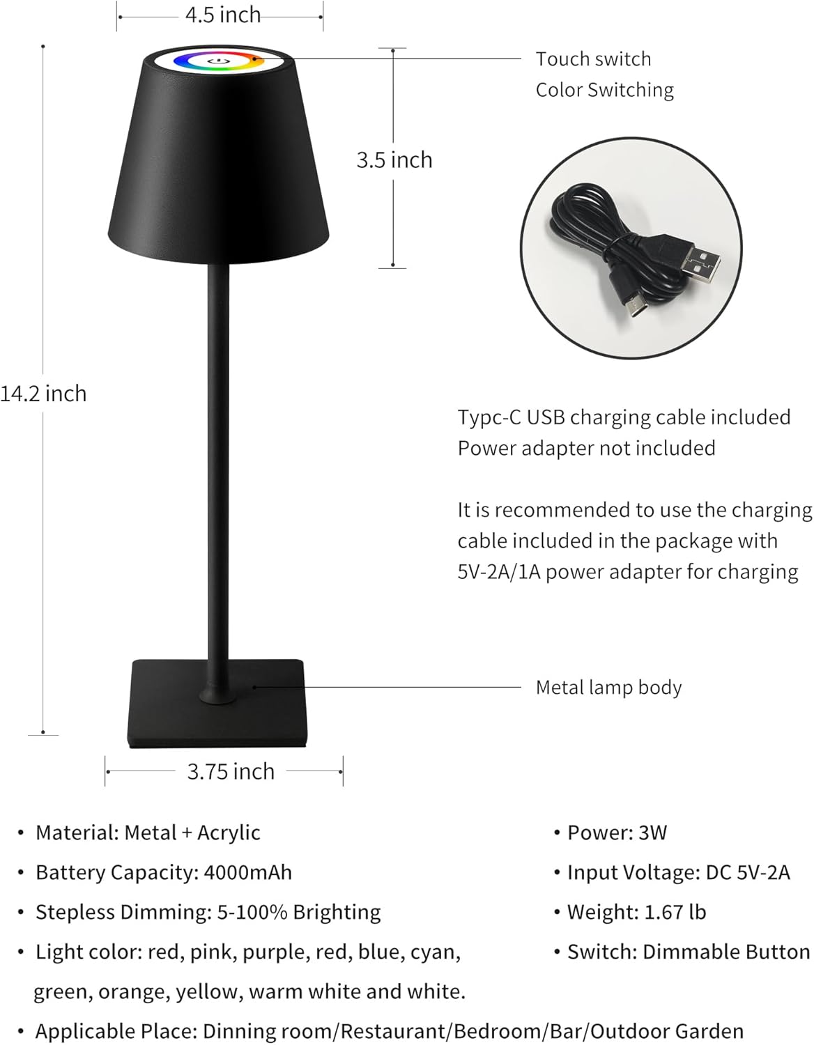 KDG 2 Pack Cordless Black Table Lamps, RGB Color Stepless Dimming Desk Lamp | 4000mAh Battery Operated Rechargeable Portable LED for Restaurant, Bedroom, Outdoor Garden, Camping, Coffee Shop, Nightlight