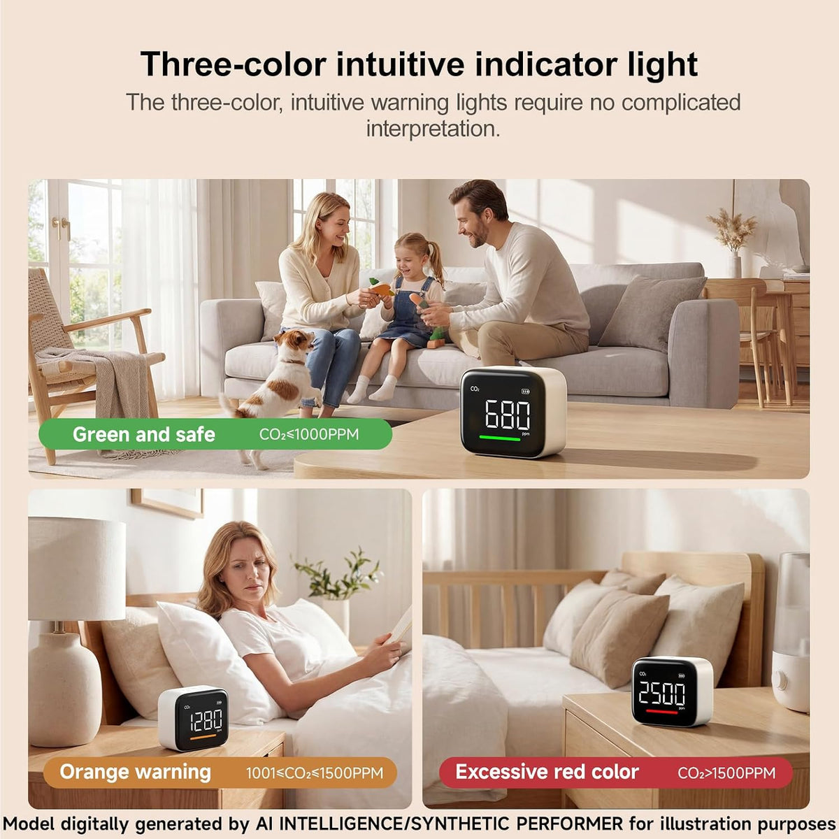 ATuMan 4-in-1 CO₂ Detector, Indoor Air Quality Monitor, NDIR Sensor | 4-in-1 Design, Temperature, Humidity, Time，CO2, NDIR Sensor, 2200mAh Rechargeable, 3-Color Alert, Portable, 3.0" Display
