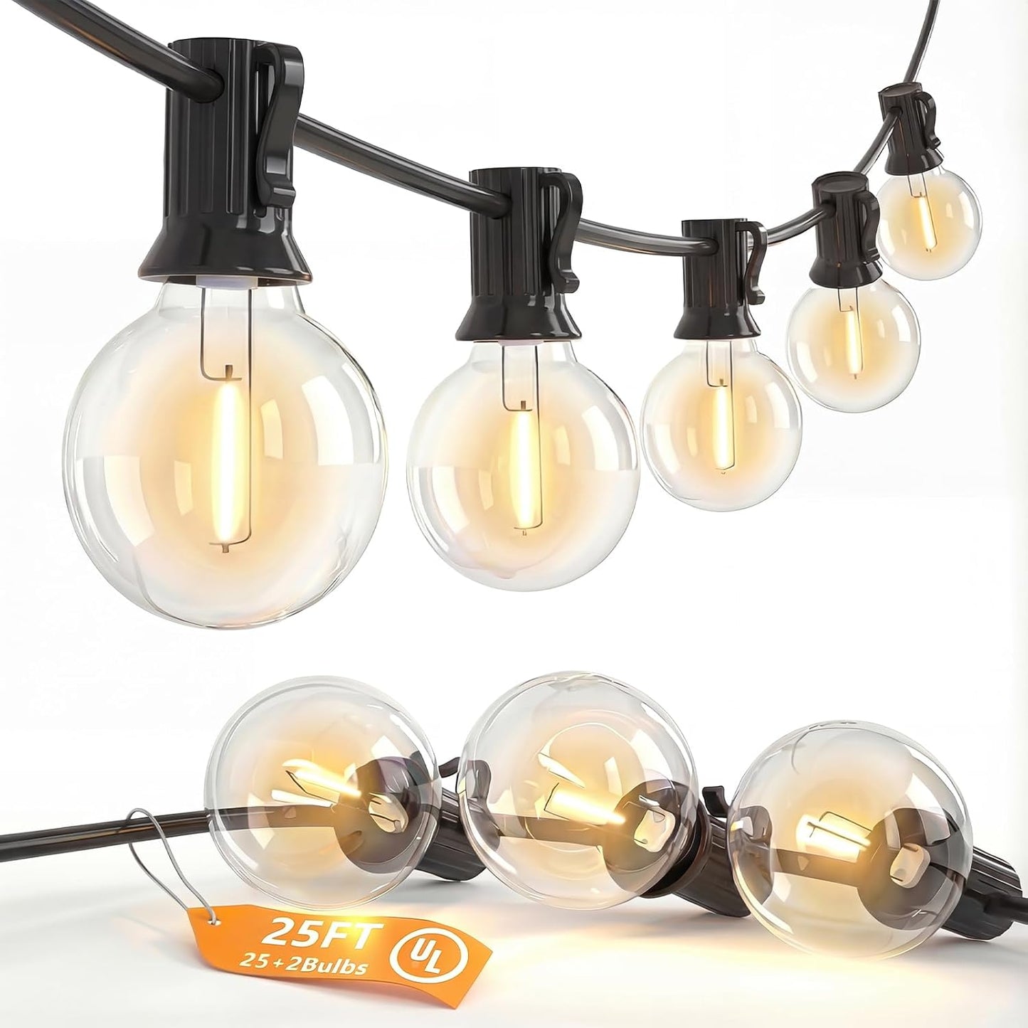 25FT G40 LED Globe Outdoor String Lights with 25 Plastic Shatterproof Bulbs | 2700K Warm White, IP65 Waterproof Hanging Connectable Globe Lights for Patio, Backyard, Bistro, Porch, Black Wire