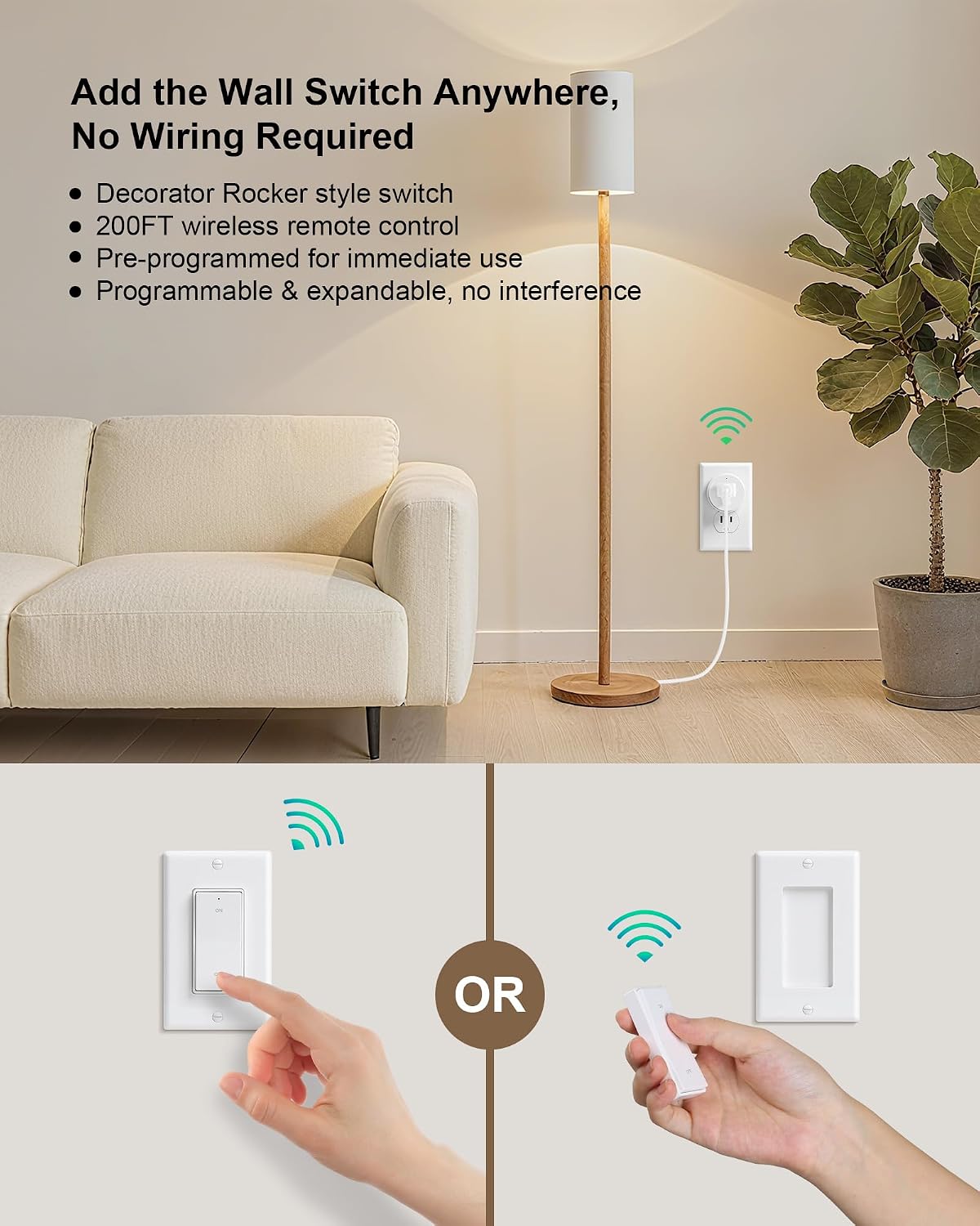 Remote Control Outlet Plug with Decorator Rocker Wall Switch | 200FT Wireless Range, Mini Round Plug, 15A/1875W, for Lamps/Lights/Household Appliances, FCC listed, Pre-Programmed