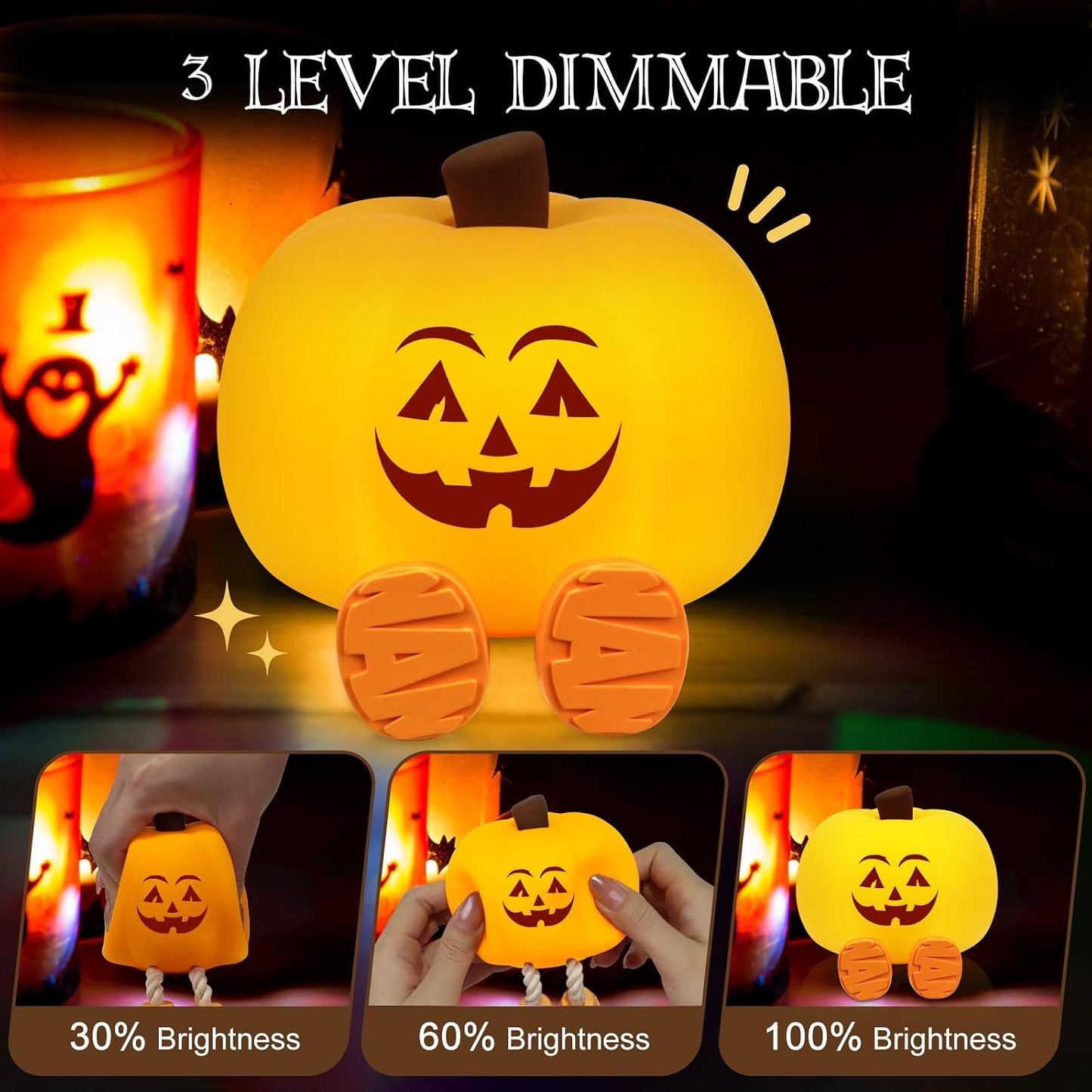 Pumpkin Night Light for Kids Cute Jack O Lantern Halloween Decor Nightlight for Baby Nursery Toddler Squishy Pumpkin Lights Cordless Rechargeable Dimmable Silicone Bedside Lamp Halloween Gifts
