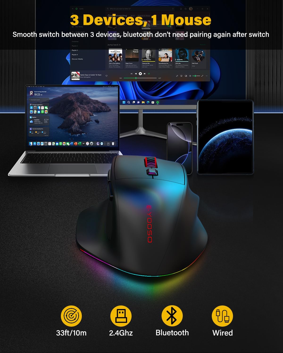 E-YOOSO X54 Rechargeable Ergonomic Wireless Bluetooth Wired Mouse | 1000mAH Big Battery,1K Polling,12K DPI,M/Large Hand,Quiet Clicks,RGB Lights,Mice for Laptop/Computer/PC/Macbook/Office/Gaming