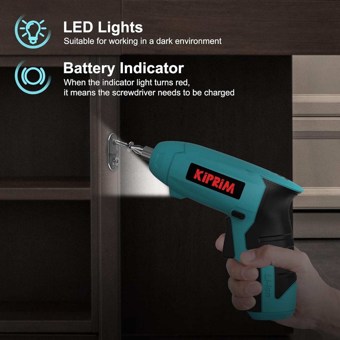 Kiprim ES3 4V Cordless Electric Screwdriver, Power Indicator Light Blue | Compact 4V cordless screwdriver with built‑in rechargeable battery.Equipped with front LED working light and power indicator.