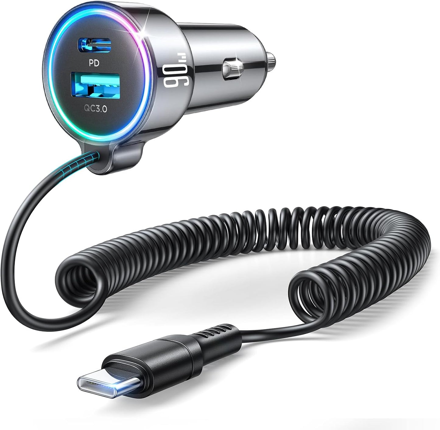 FLYLEADV 90W Car Charger USB C Fast Charge, PD45W for iPhone 17/16 Pro Max | 3-Port PD&QC3.0, 5ft Type C Coiled Cable, Super Fast Cigarette Lighter Adapter for Samsung S26/S25/S24, Pixel Android, iPad
