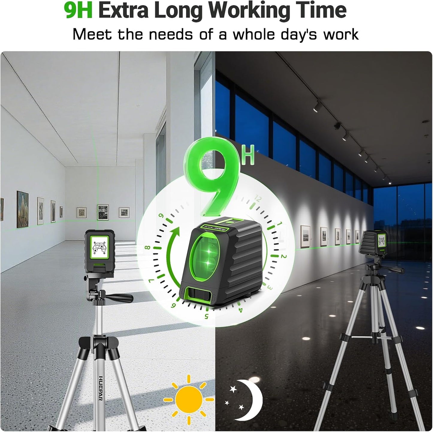 Laser Level with 40in Tripod, Huepar 150°/150Ft Self Leveling Lazer Leveler Tool with Pulse Mode (197Ft), Switchable Green Cross Line for Picture Hanging, Tile, DIY/Construction Project