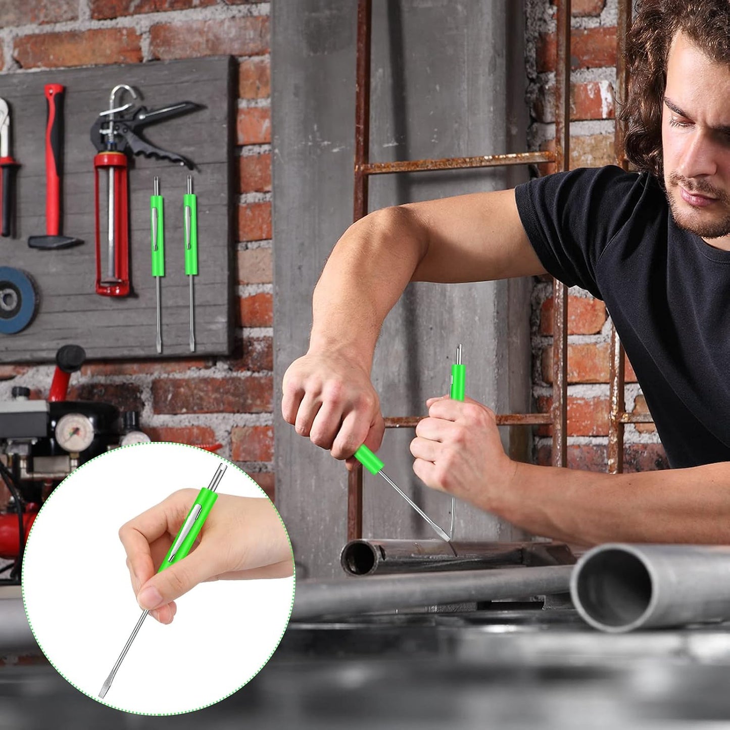 Zhehao 10 Pcs Pocket Screwdriver with Valve Core Removal Tools, Mini Small Dual Screwdriver Set with Clip for Mechanics Electricians Electronic Technician Kit Assembler(Green)
