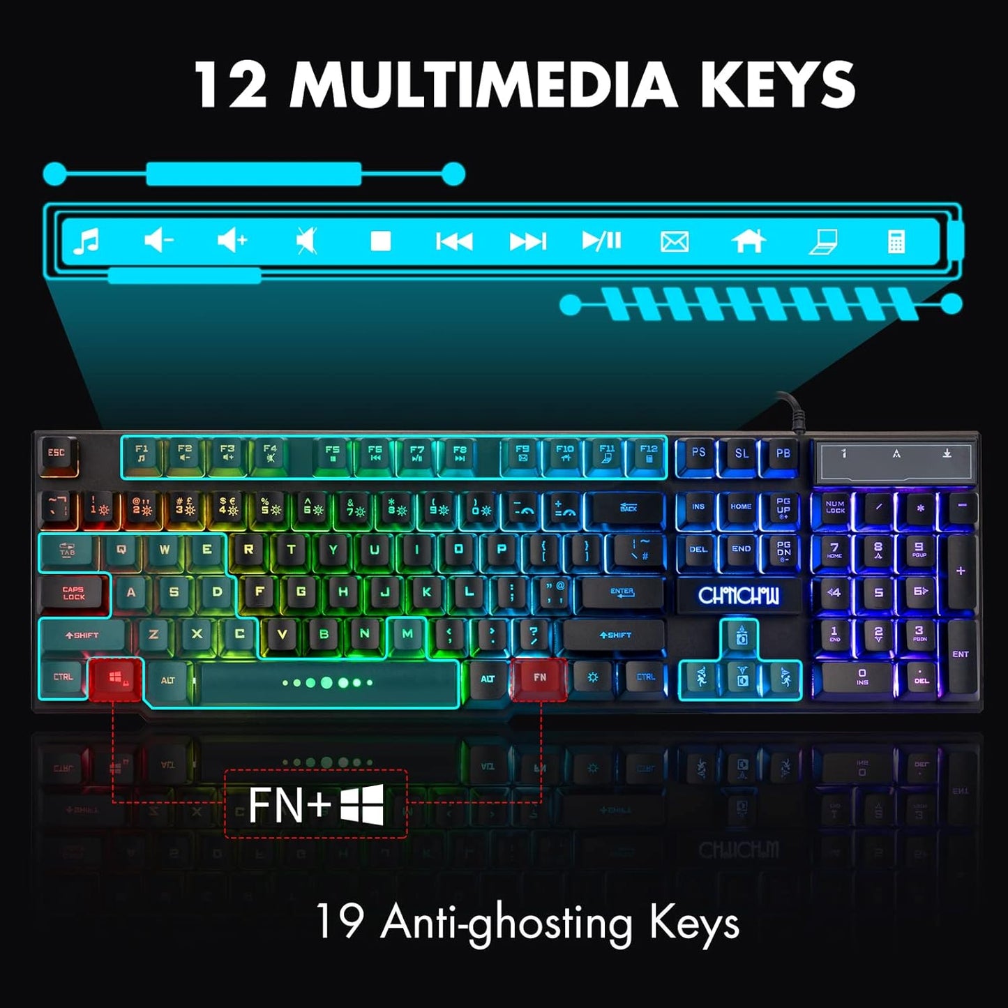 Wired Gaming Keyboard for Mac PC PS5 PS4 Xbox One Gamers RGB Backlit | LED Mechanical Feel Keyboard with Multimedia Keys Number Pad, 104 Keys USB Desktop Computer Windows Keyboards (Black)
