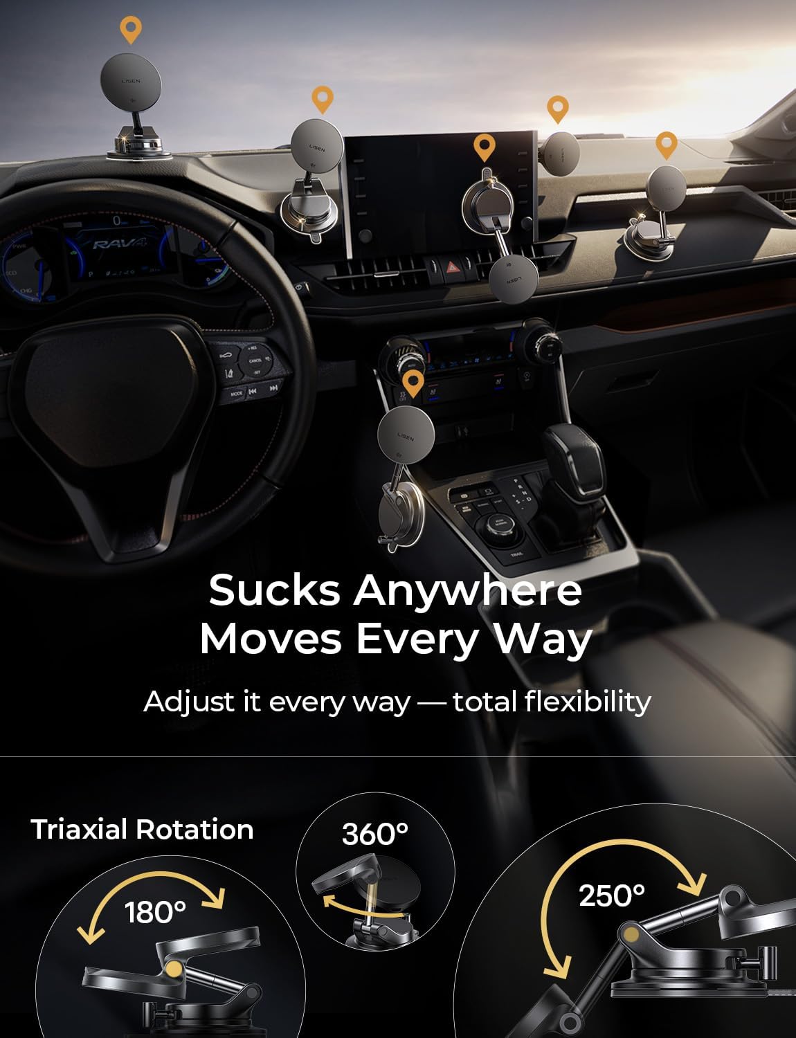 LISEN for Qi2.2 25W MagSafe Car Mount Charger,Magnetic Wireless Car Charger | [With 54W Adapter] Vacuum Suction Car Phone Mount, 360° Magnetic Wireless Phone Holders for Your Car, Only for iPhone 17-12