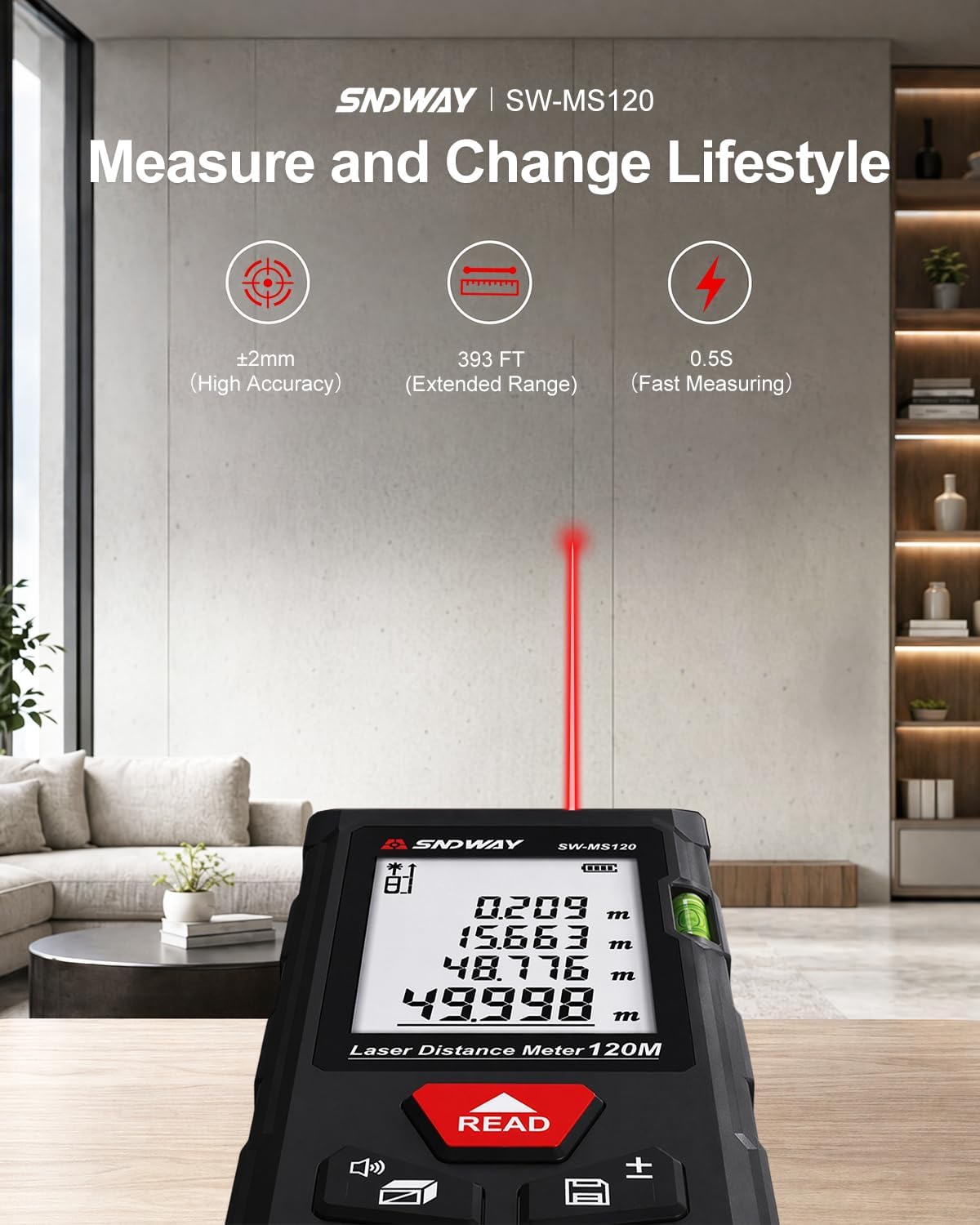 SNDWAY Laser Measuring Tool 393Ft with Bubble Levels and ±1/16" Accuracy | 2.0" Backlit Display, Area Measurement,Volume and Pythagoras for Indoor&Outdoor