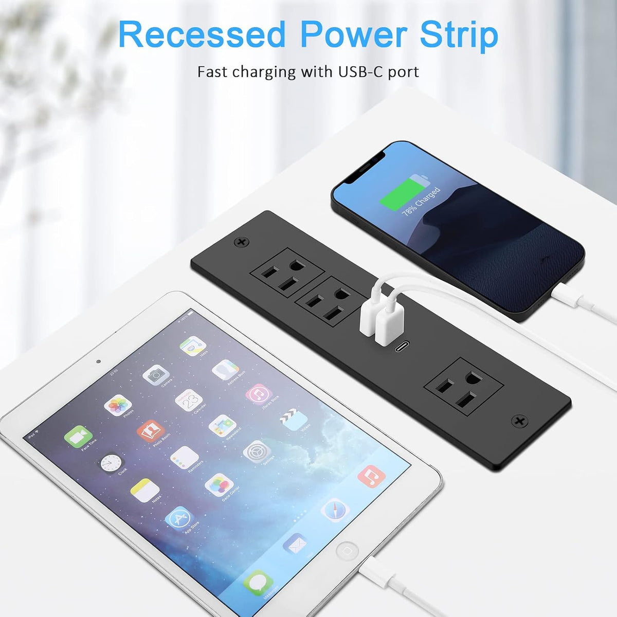 HEZI Recessed Power Strip with USB Ports, Flush Mount, Max 20W, 3FT, Black
