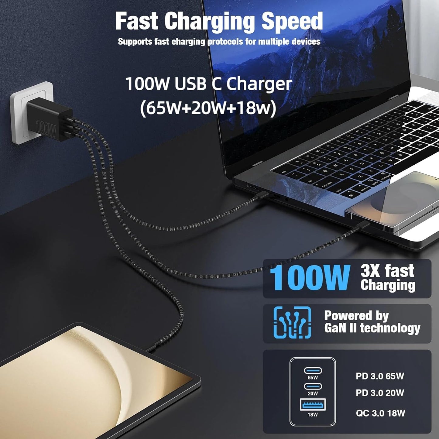 65W Super Fast Charger Type C for Samsung,3 Port 100W PD Quick Charging 3.0 USB C Block & 3/6/10/10FT Braided Type C Cord for Samsung Galaxy S26 Ultra/S26/S25 Ultra/iPhone 17 Pro/MacBook Pro/Air