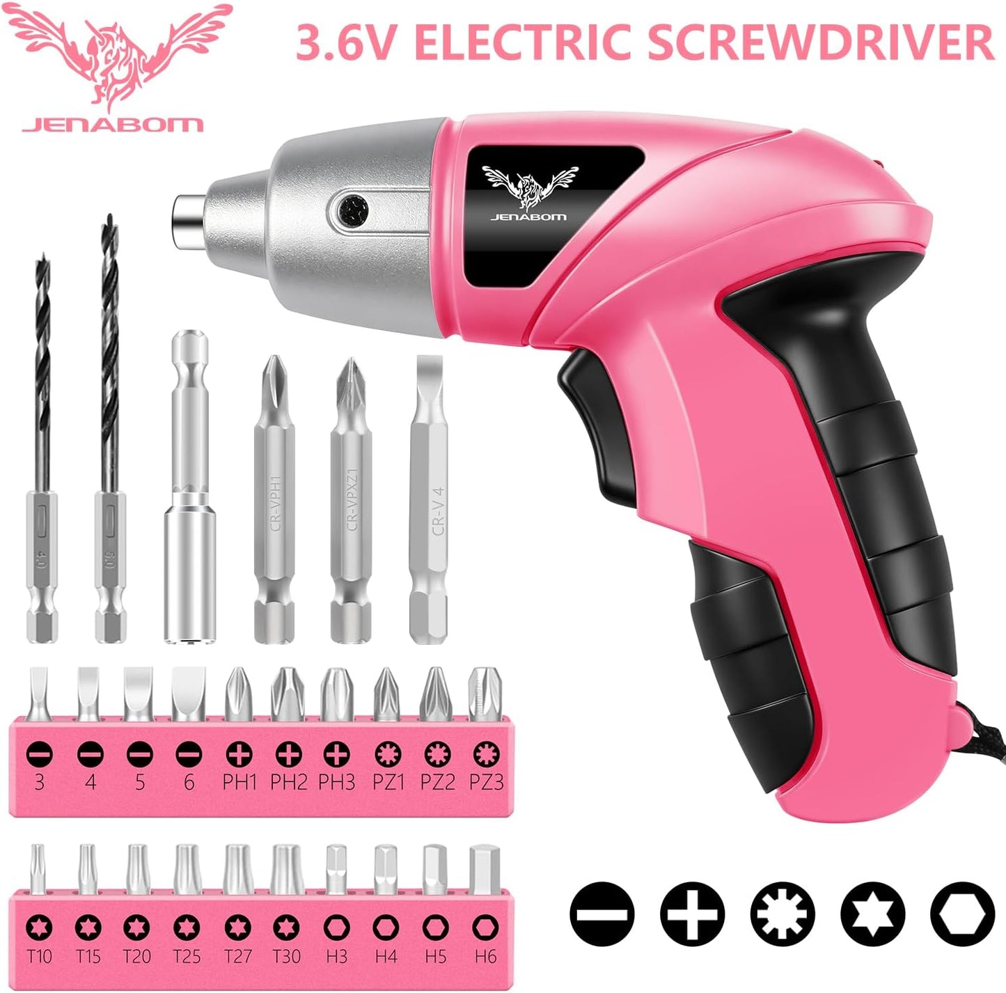 3.6V Electric Cordless Screwdriver, Mini Drill Set, Pink | Rechargeable Power Screwdriver with 26pcs Driver Bit, Ideal for Small Projects, Home DIY&Women