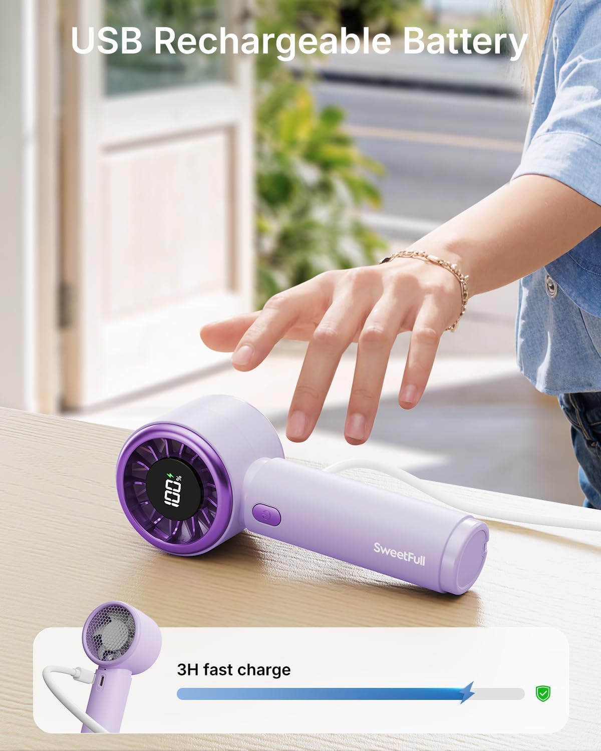SWEETFULL Portable Handheld Fan, Mini Rechargeable Personal Hand Fan | Strong Airflow, Pocket-Sized, Up to 12H, 5 Speeds, Quiet Cooling Travel Essentials, Cute Gifts for Women, Girls, Lash, Makeup