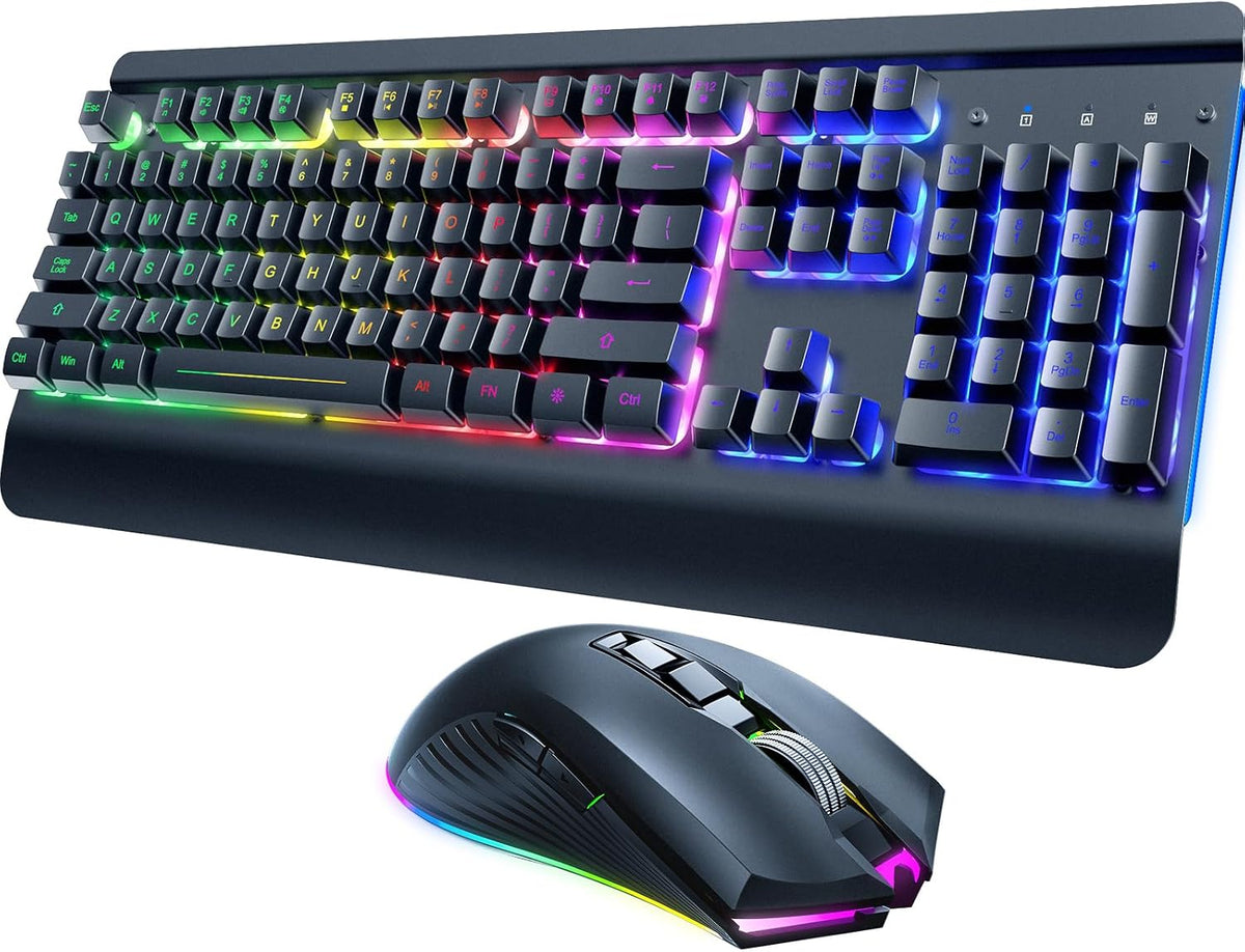 RisoPhy Wireless Gaming Keyboard and Mouse Combo, Metal Panel, 7 Color Backlits, Rechargeable 3200 mAh Battery, Wrist Rest, Sleep Mode, Light Up Keyboard + 7D 3200DPI Gaming Mice for PC Gamer