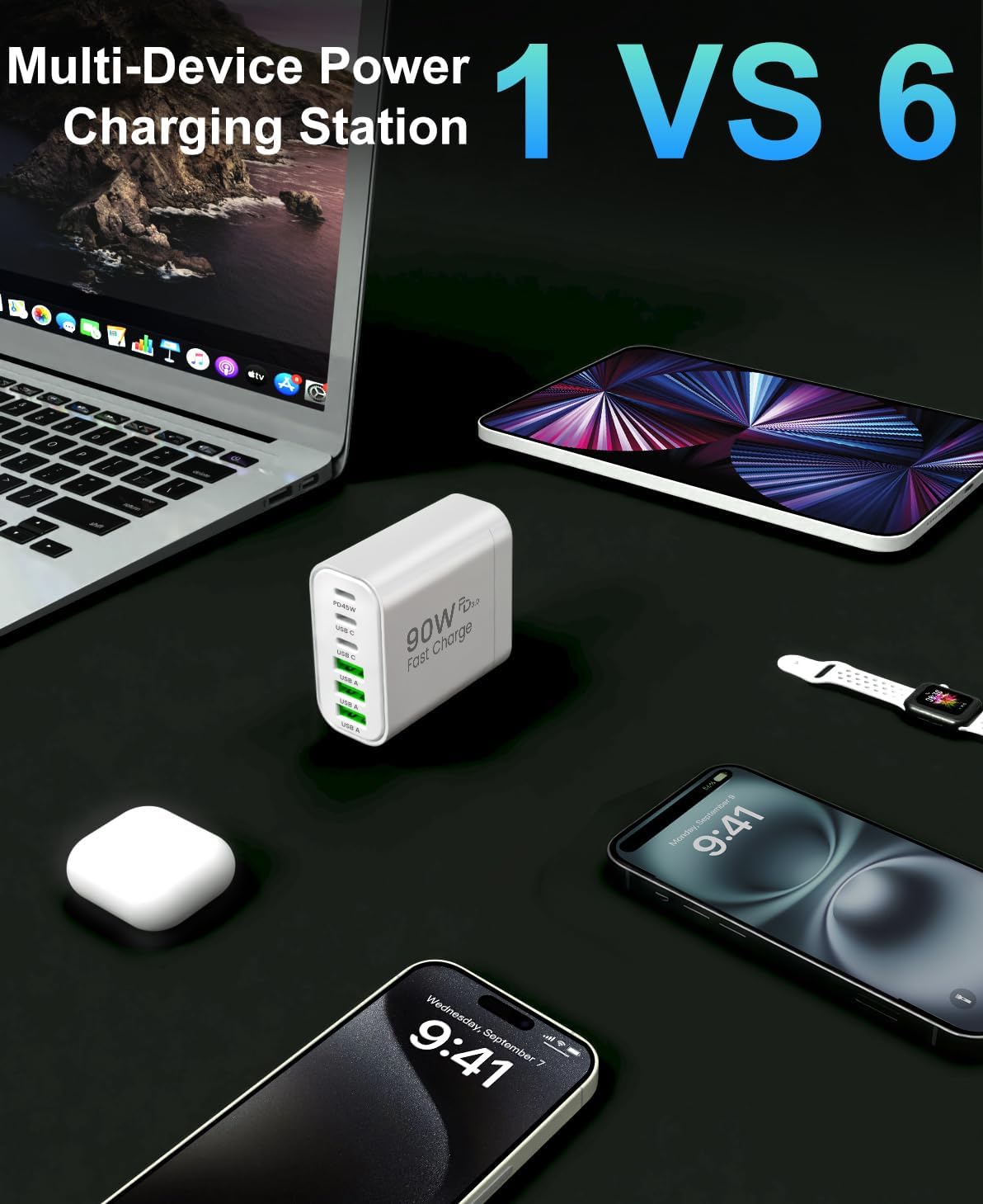 90W GaN USB C Charger Block,6-Port USB C Wall Charger Fast Charging 45W PD Power Adapter for iPhone 17Pro Max/Samsung Galaxy S24 Ultra/Tabs/MacBook Air/iPad Pro for Home Travel
