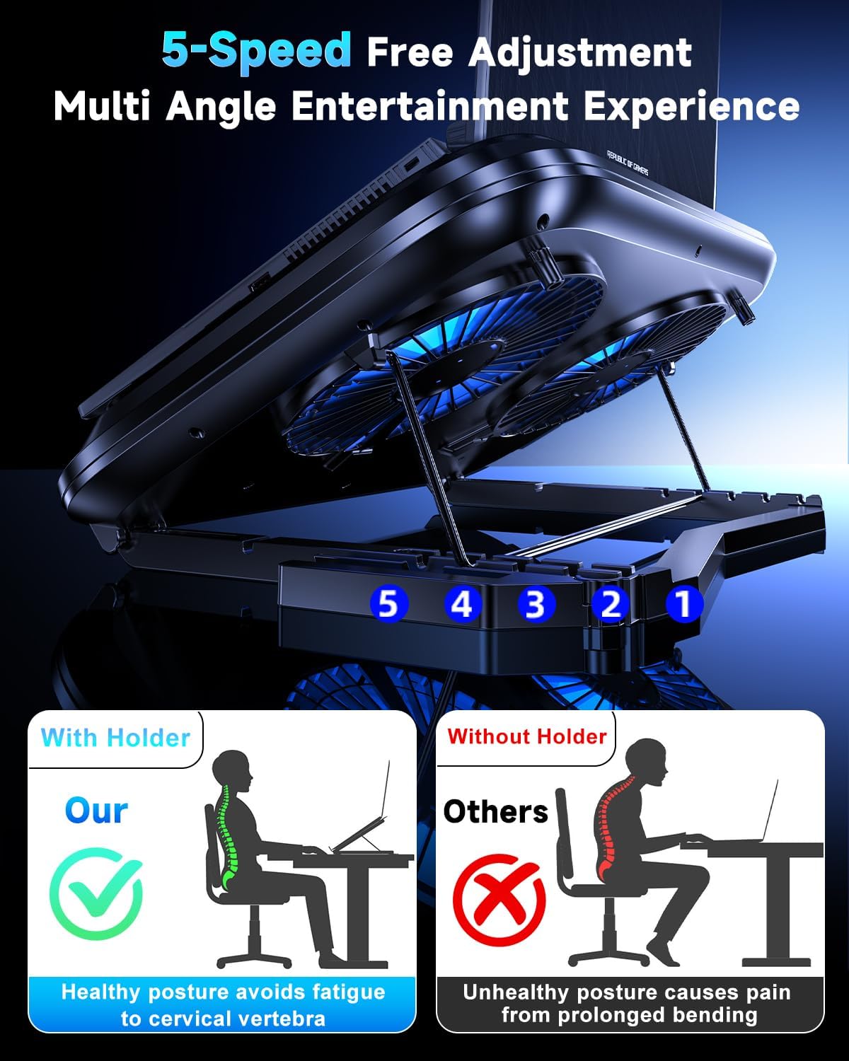 Laptop Cooling Pad with Dual Core Cooler, Gaming Laptop Cooler with 5.5in 2 Powerful Turbofan(9500 RPM), Fast Cooling Laptop 12-21in, 5 Height Stands, 100 Gear Speed, LCD Screen, RGB, Phone Holder
