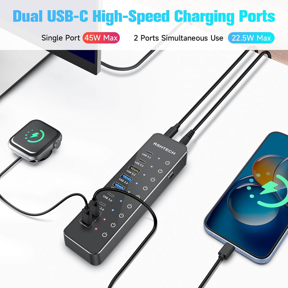 RSHTECH 10-Port 66W Powered USB C/USB 3.2 Hub 10Gbps for Data & PD Charging