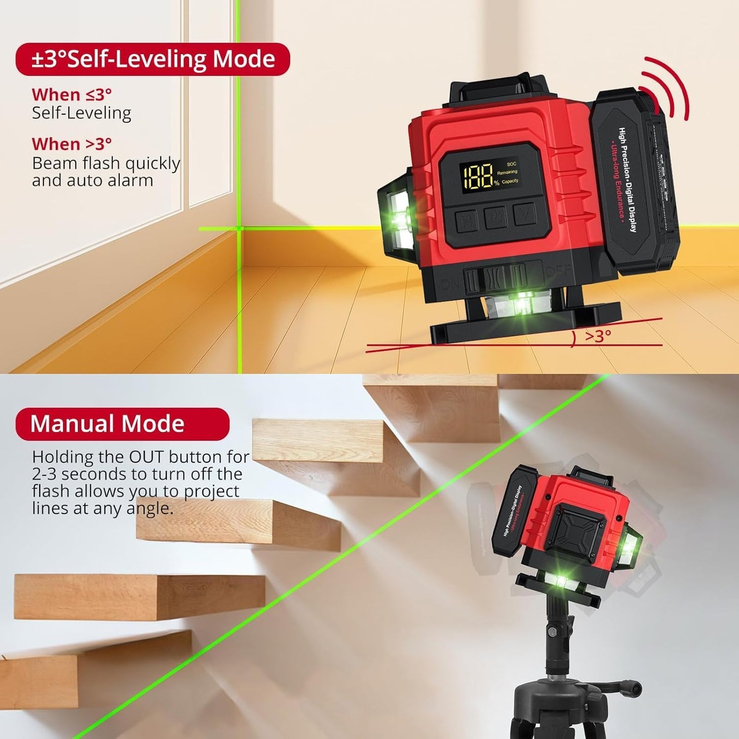 12 Line Laser Level 30M/98Ft Self Leveling Laser Level with Remote Control & Triangle Bracket Green Laser Measuring Tool for Picture Hanging Floor Construction(Class 2 Laser, <1mW Power Output)