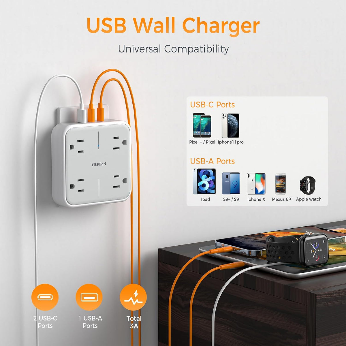 TESSAN Multi Plug Outlet Extender 4 Outlet Splitter