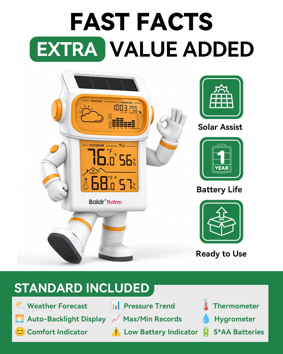 Indoor Outdoor Thermometer Wireless Solar Weather Station with Backlight