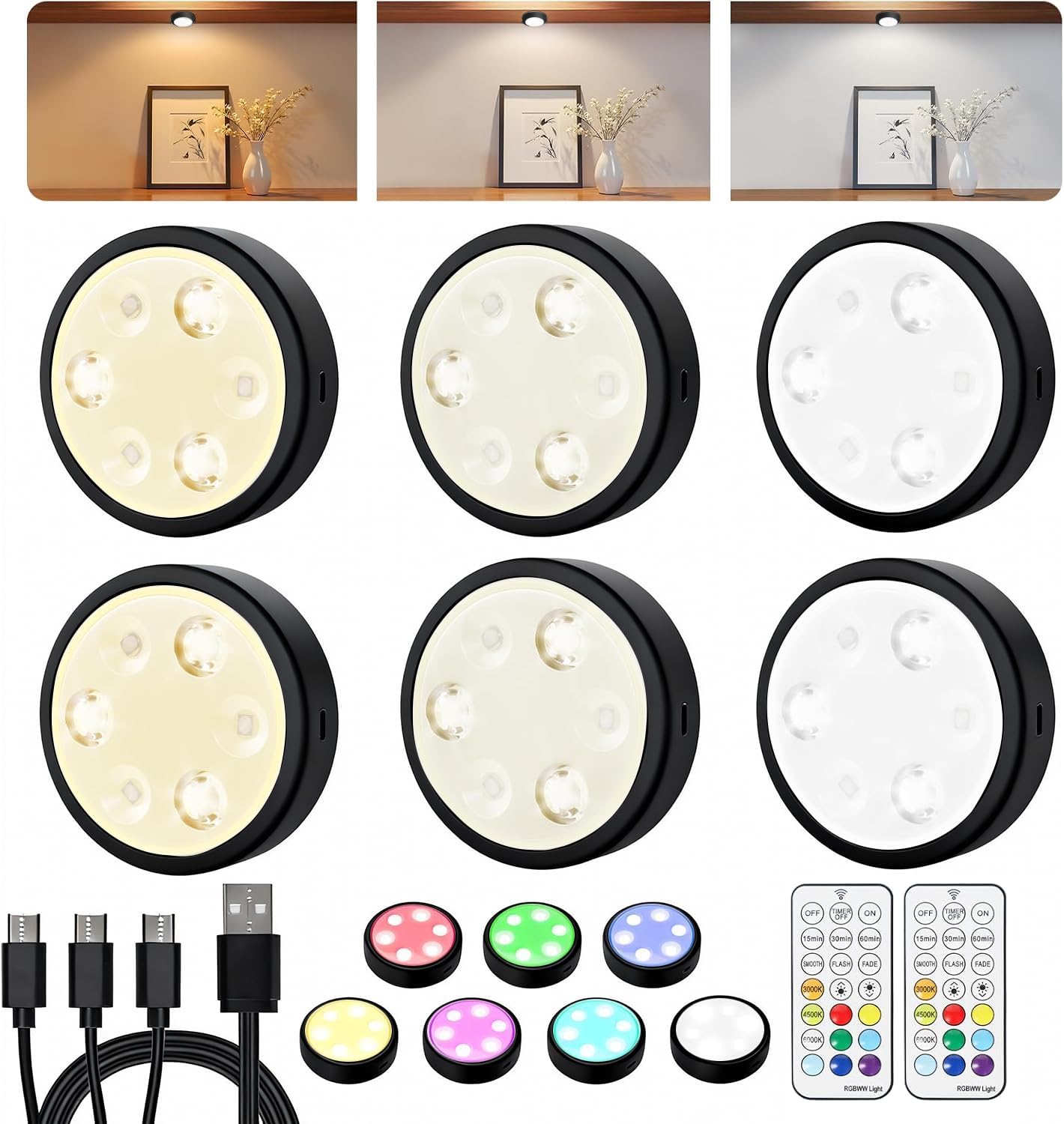 HOLKPOILOT Puck Lights with Remote, Under Cabinet Lights,2000mAh Battery Operated Closet Lights, Magnetic Under Cabinet Lighting Wireless, 3 Color Temps &7 RGB Colors, Black Rechargeable Puck Lights.