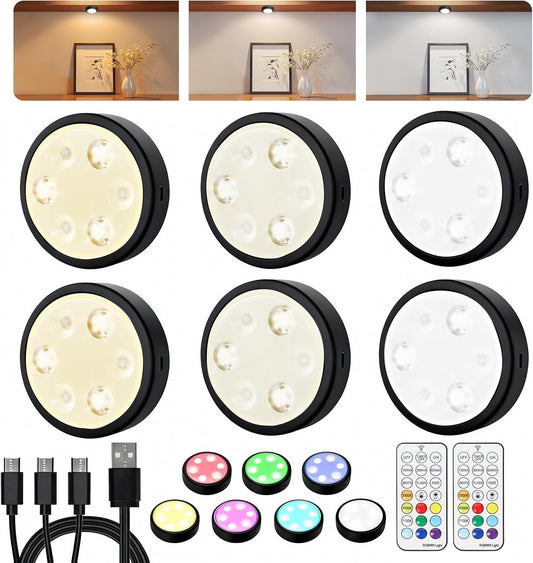 HOLKPOILOT Puck Lights with Remote, Under Cabinet Lights,2000mAh Battery Operated Closet Lights, Magnetic Under Cabinet Lighting Wireless, 3 Color Temps &7 RGB Colors, Black Rechargeable Puck Lights.