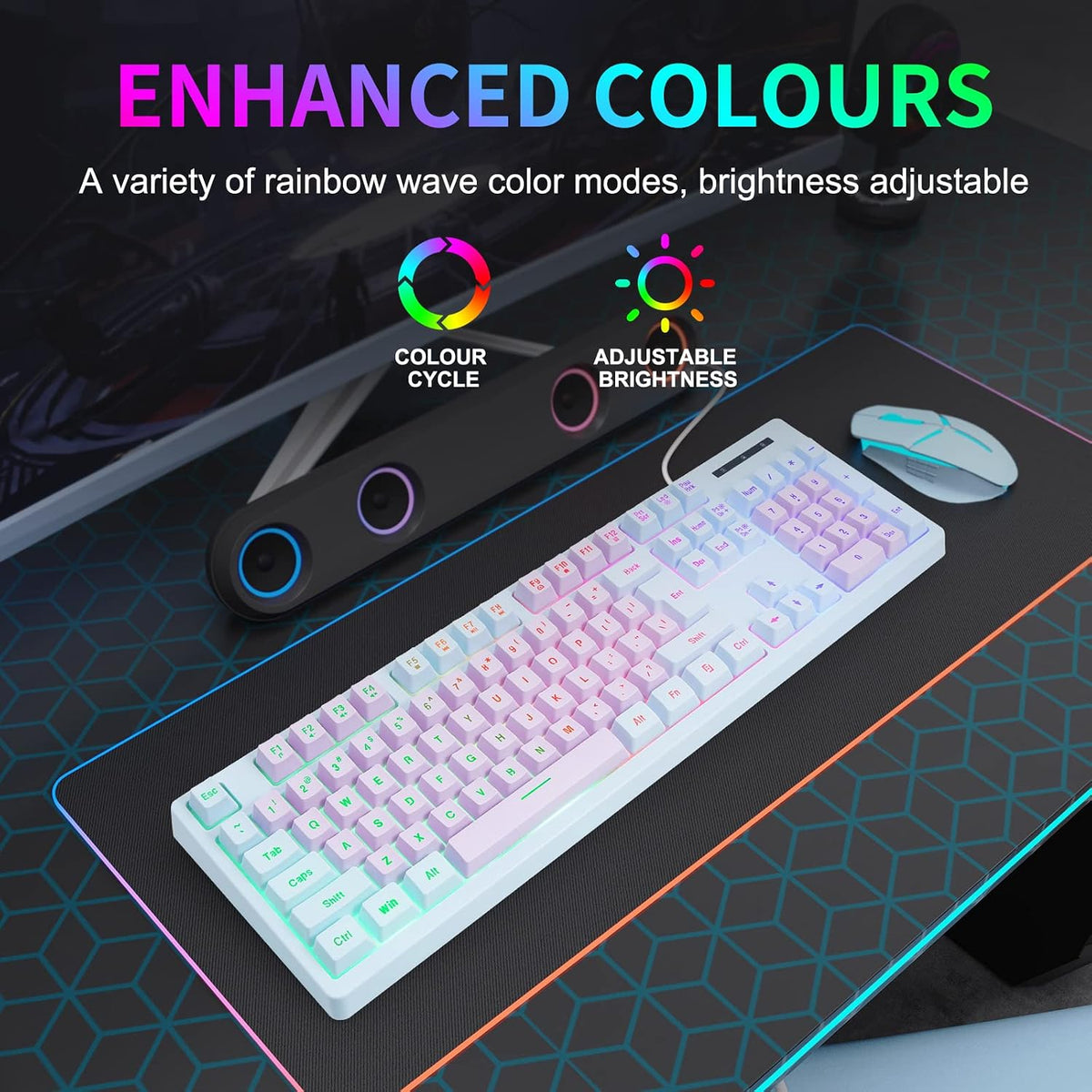 HUO JI Wired Gaming Keyboard with Rainbow LED Backlit, Purple Blue | Floating Keys, Mechanical Feeling, Spill Resistant, USB Ergonomic for Xbox, PS Series, Desktop, Computer, PC